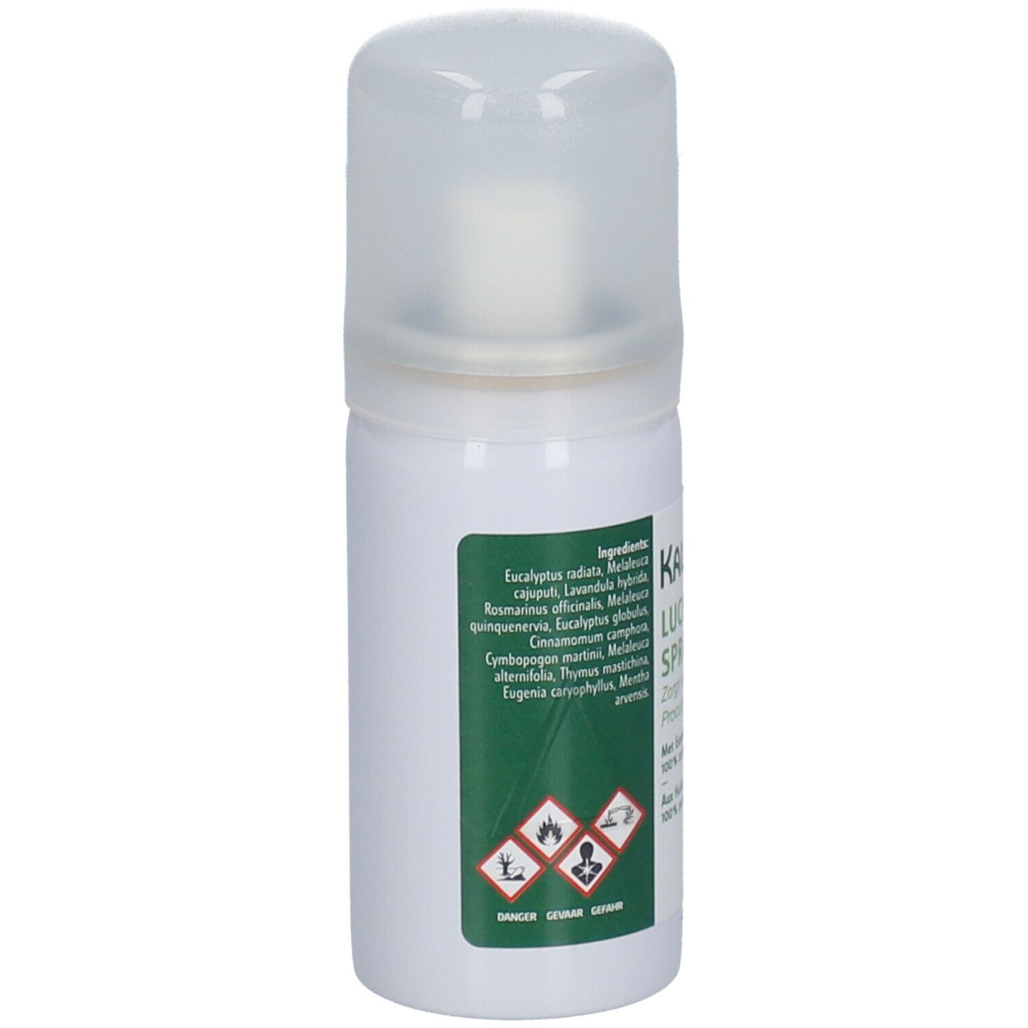Dos du flacon spray blanc. Liste des ingrédients: Eucalyptus, Lavande, Romarin, etc. Symboles de danger.