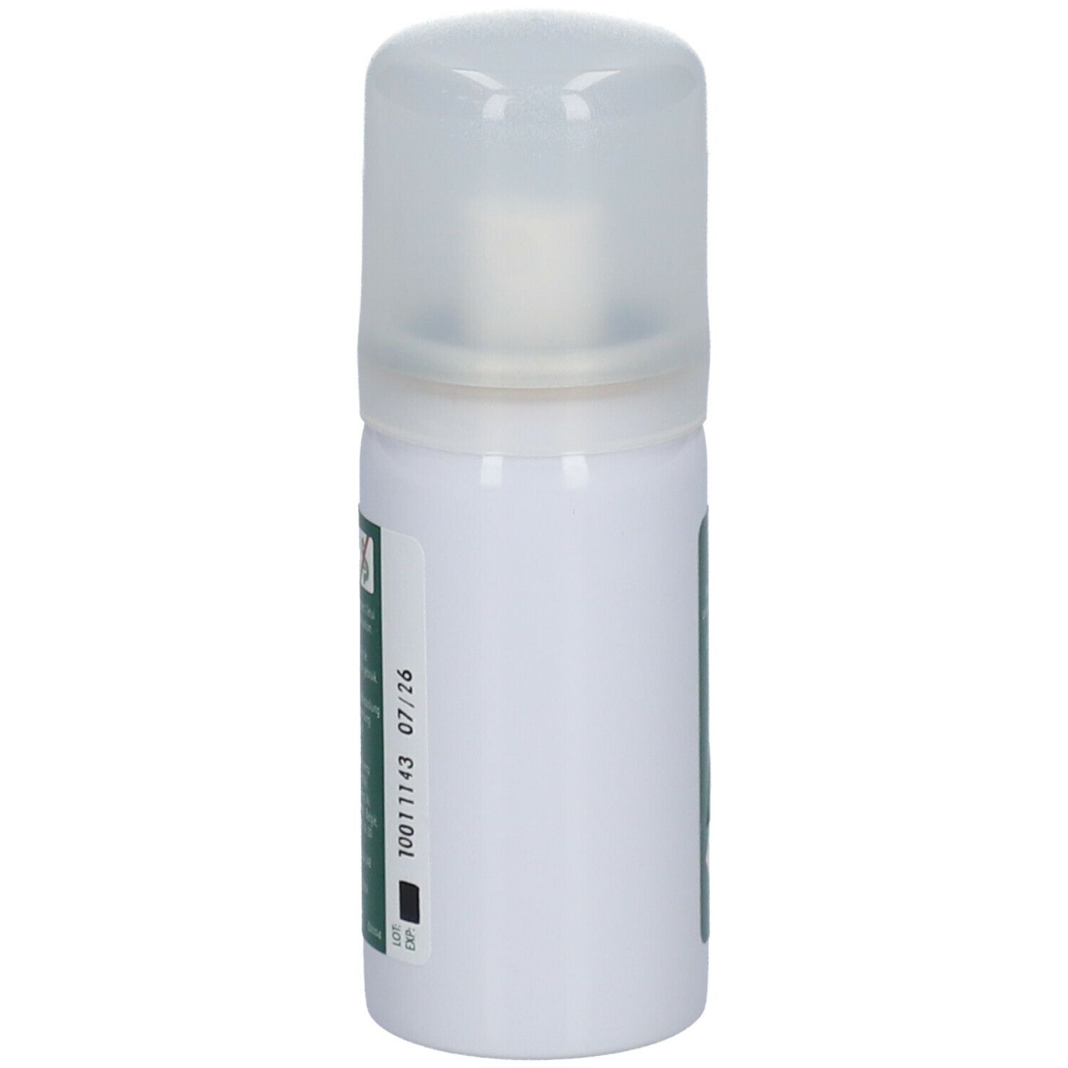 Flacon spray blanc avec bouchon transparent. Autocollant avec numéro de lot et date de péremption.