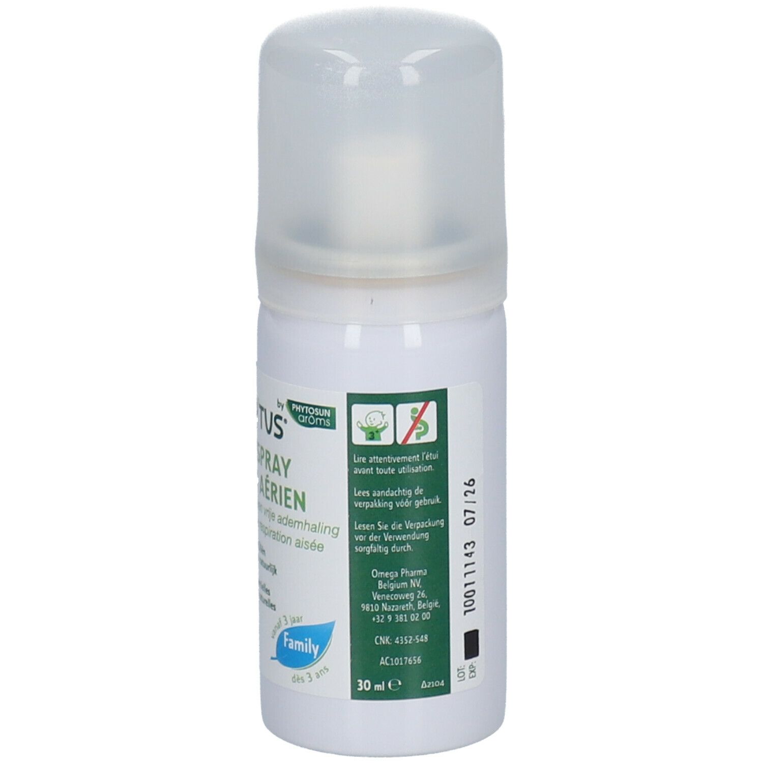Flacon spray blanc avec bouchon transparent. Autocollant avec avertissements et informations du fabricant.