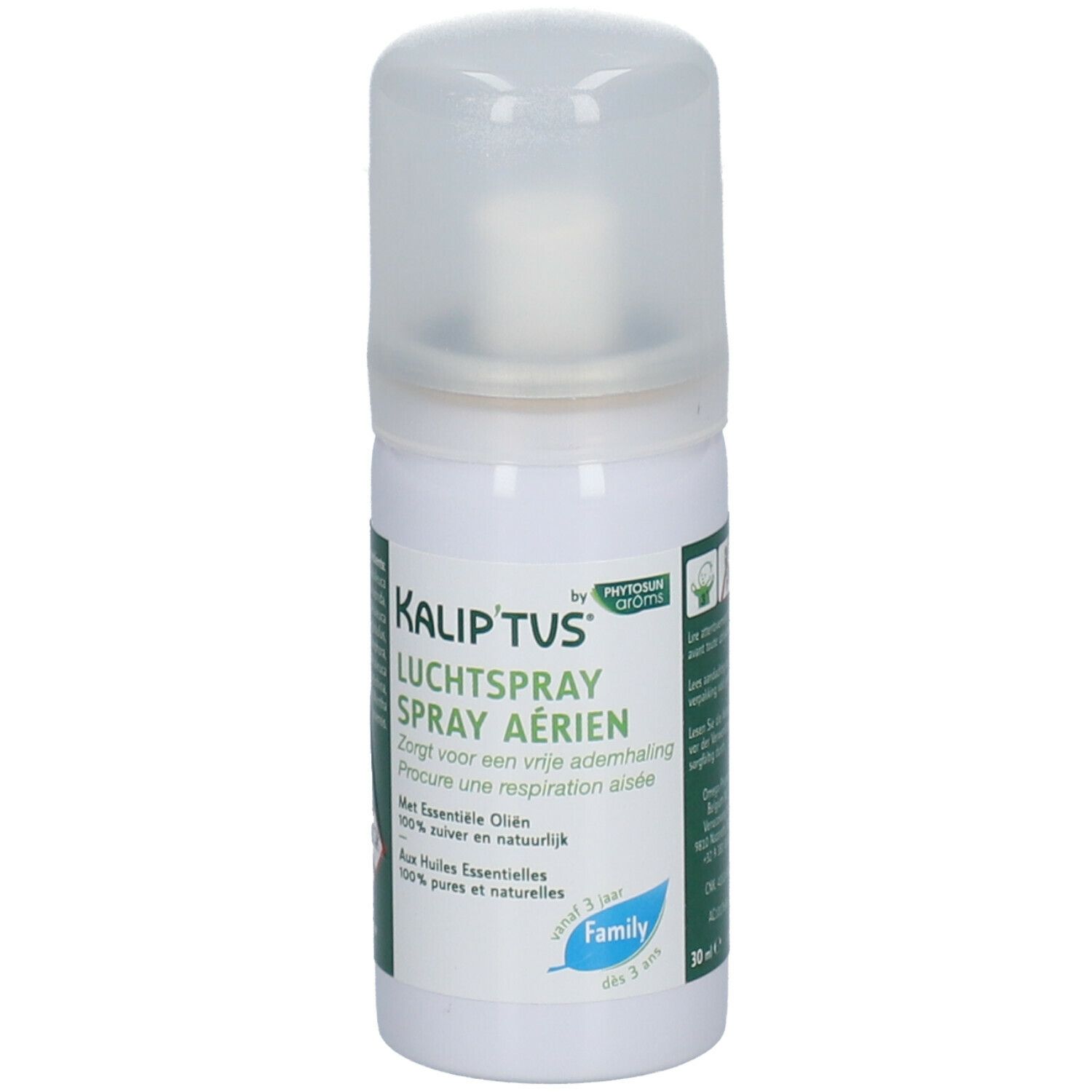 Flacon spray blanc avec bouchon transparent. Inscription: KALIP'TUS Spray Aérien. Contient des huiles essentielles. Familial.