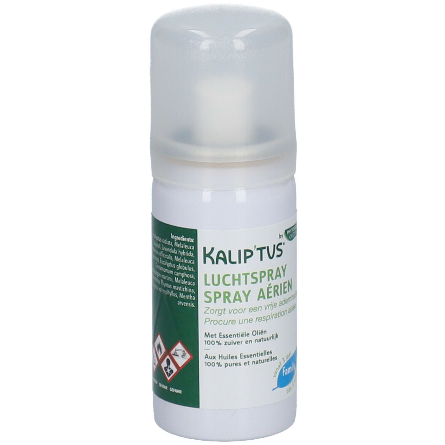Flacon spray blanc avec bouchon transparent. Inscription: KALIP'TUS Spray Aérien. Contient des huiles essentielles. Familial.