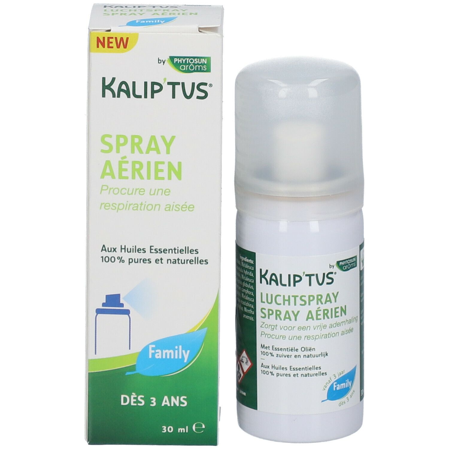 Emballage du produit et flacon spray. Boîte avec inscription: KALIP'TUS Spray Aérien. Familial. 30 ml.