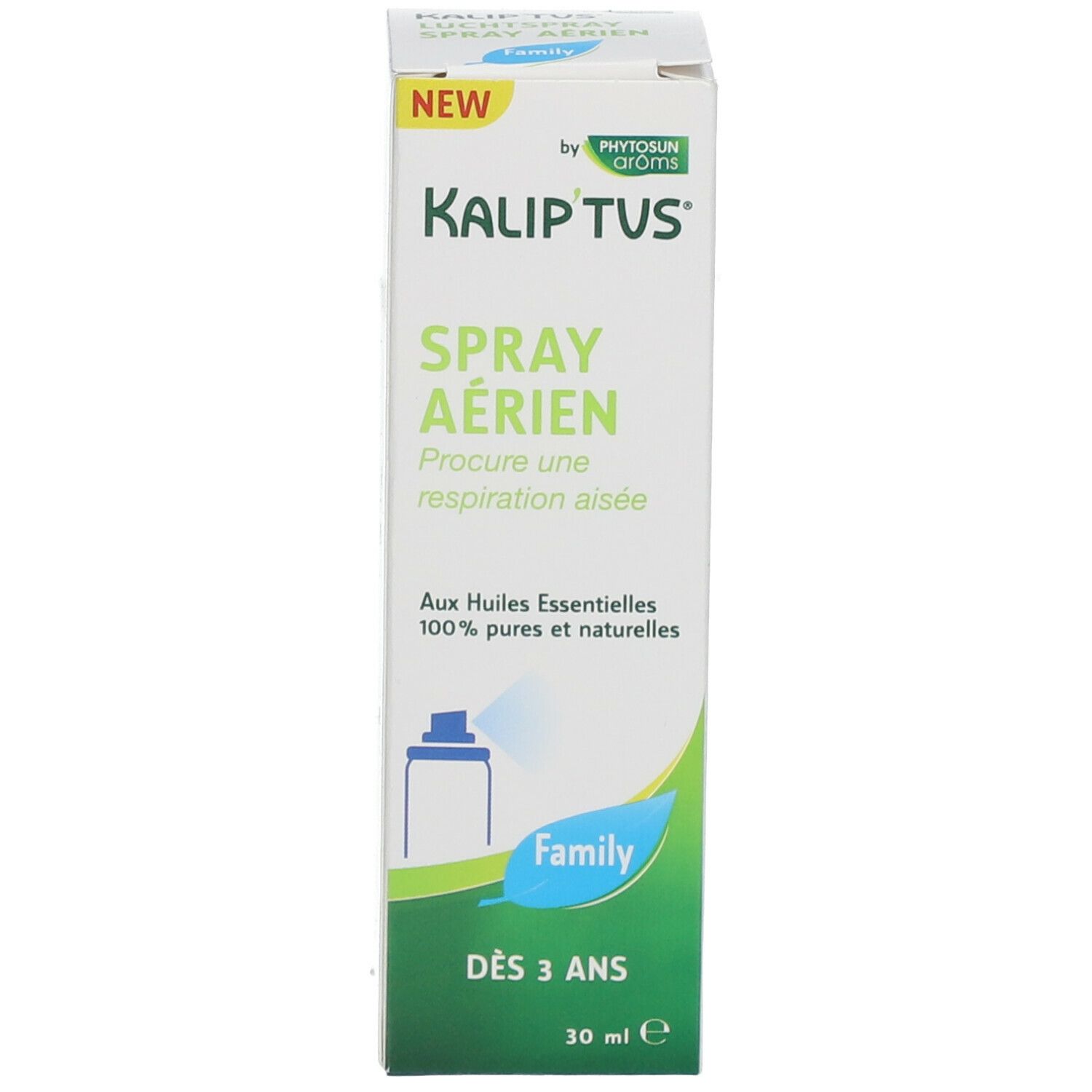 Emballage du produit. Boîte avec inscription: KALIP'TUS Spray Aérien. Familial. 30 ml. Dès 3 ans.