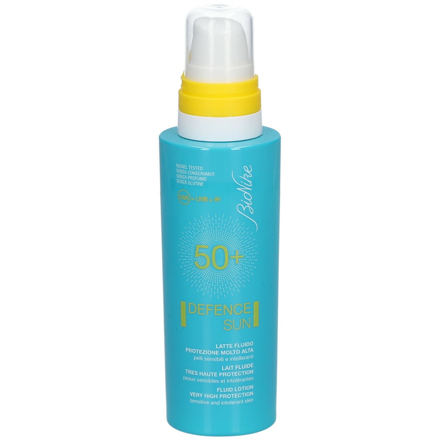 Flacon bleu turquoise avec pompe blanche. Anneau jaune. Inscriptions: BioNike, DEFENCE SUN, SPF 50+.