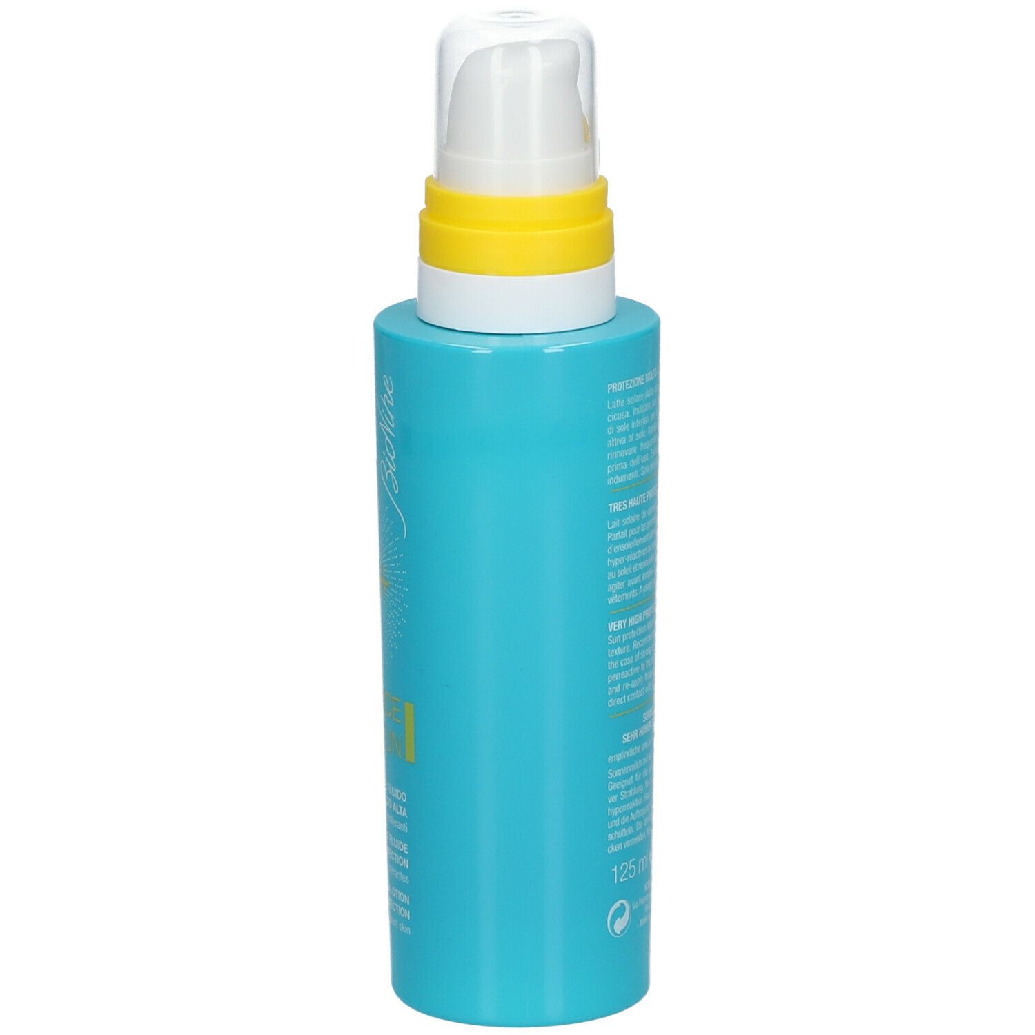 Flacon bleu turquoise avec pompe blanche. Anneau jaune. Côté avec texte.