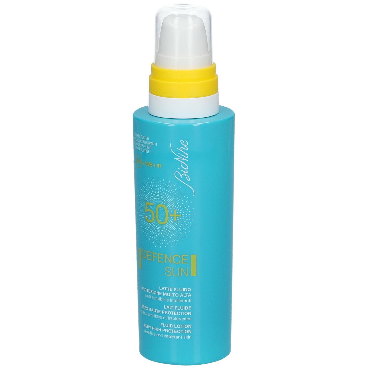 Flacon bleu turquoise avec pompe blanche. Anneau jaune. Inscriptions: BioNike, DEFENCE SUN, SPF 50+.
