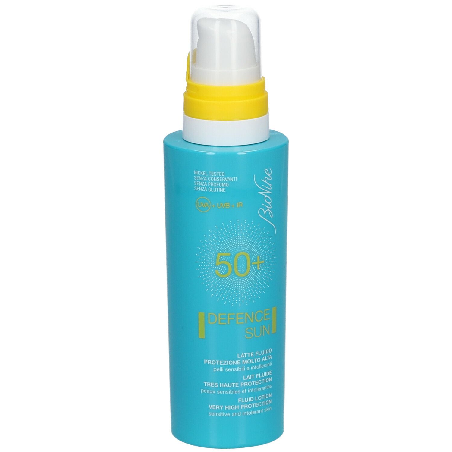 Flacon bleu turquoise avec pompe blanche. Anneau jaune. Inscriptions: BioNike, DEFENCE SUN, SPF 50+.