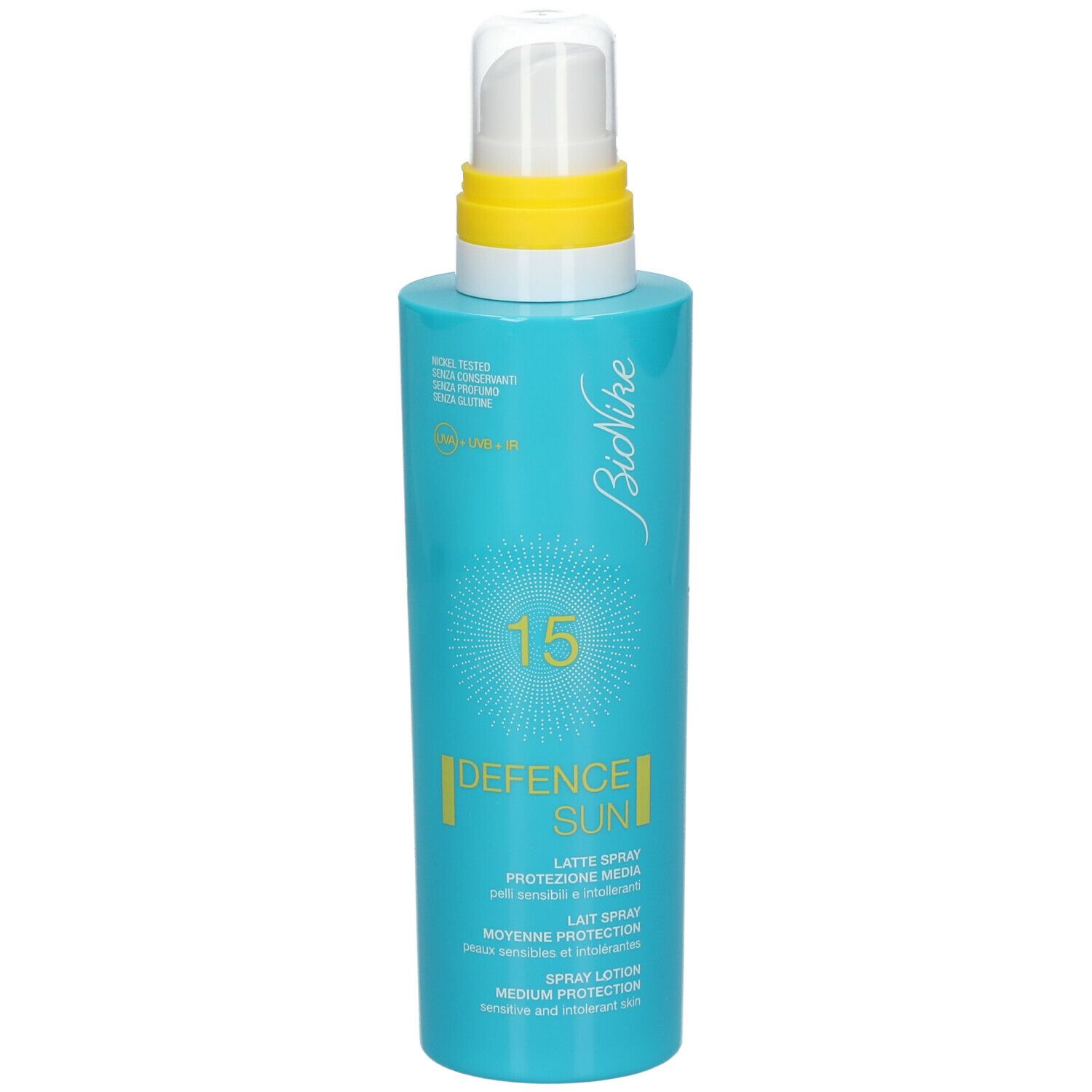 Turkooisblauwe fles met spraykop. Opschrift: 15, DEFENCE SUN, Lait Spray, factor 15.