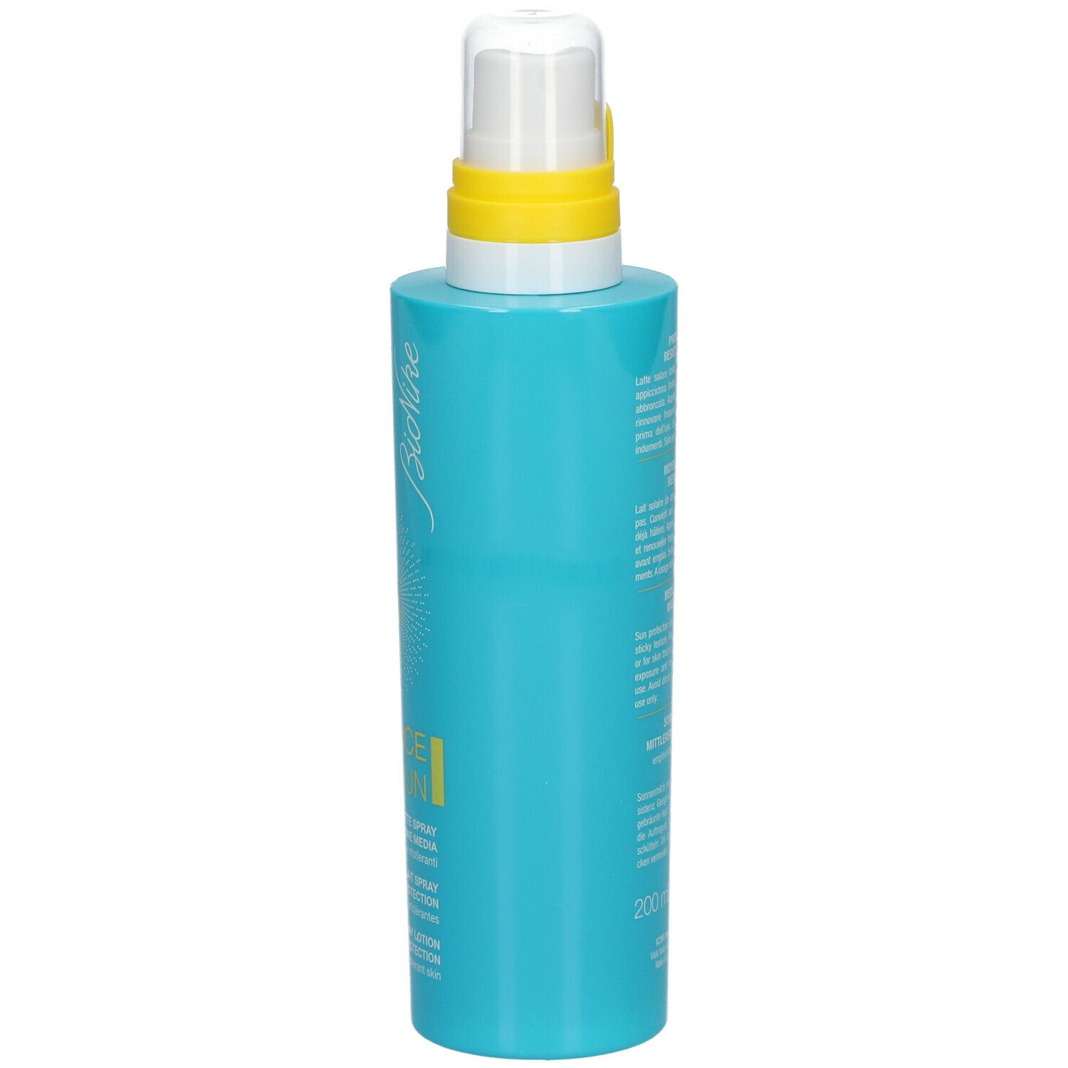 Turkooisblauwe fles met spraykop. Opschrift: BioNike, DEFENCE SUN, 15.