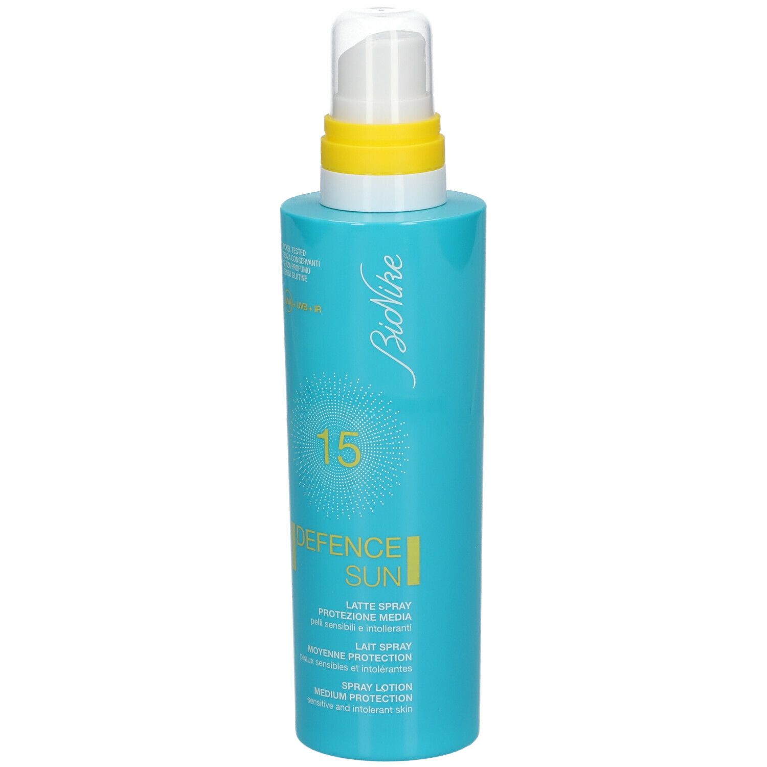 Turkooisblauwe fles met spraykop. Opschrift: BioNike, DEFENCE SUN, 15, Lait Spray.