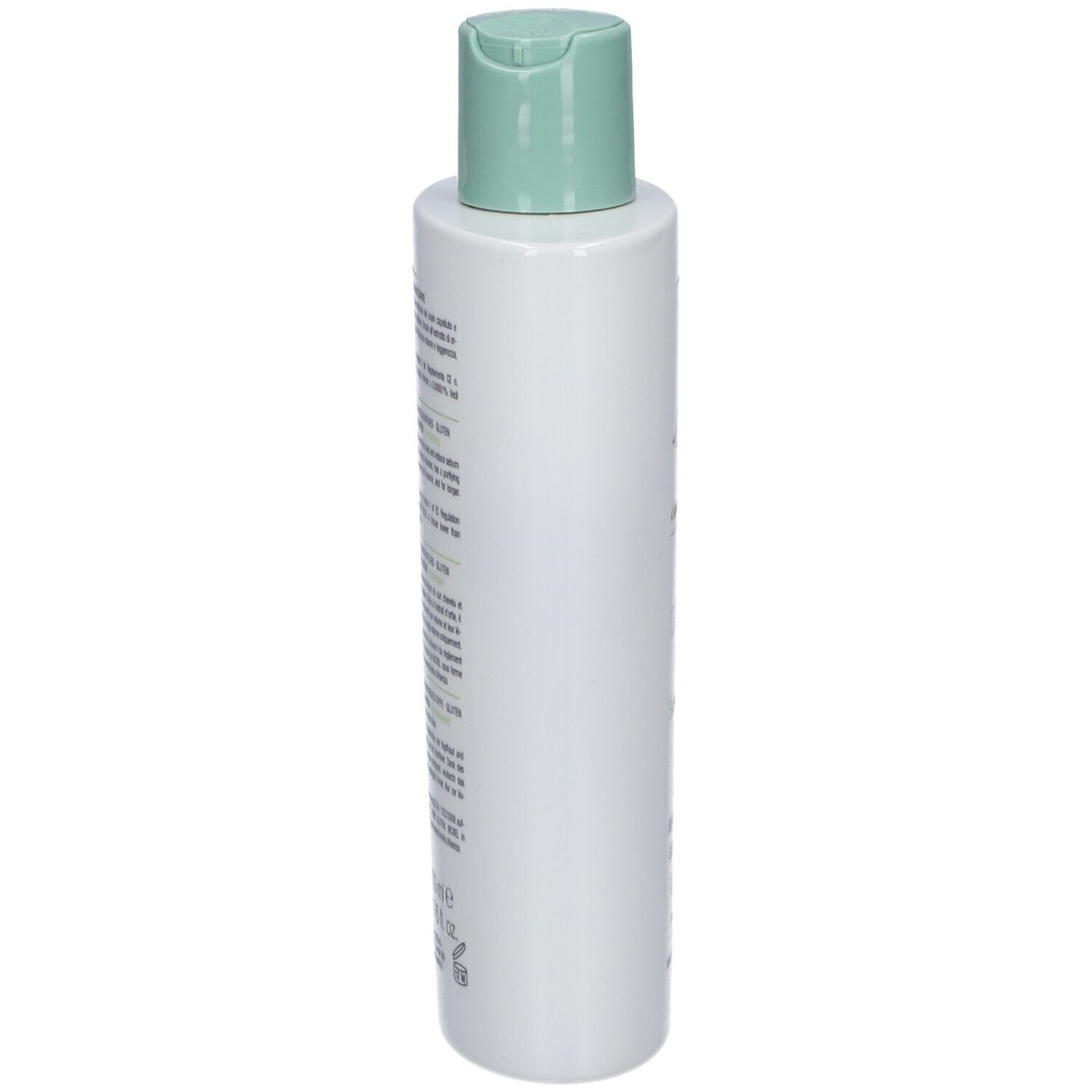 Flacon blanc avec bouchon vert. Dos avec texte. Nom du produit non visible. Nickel Tested, sans conservateurs, gluten.