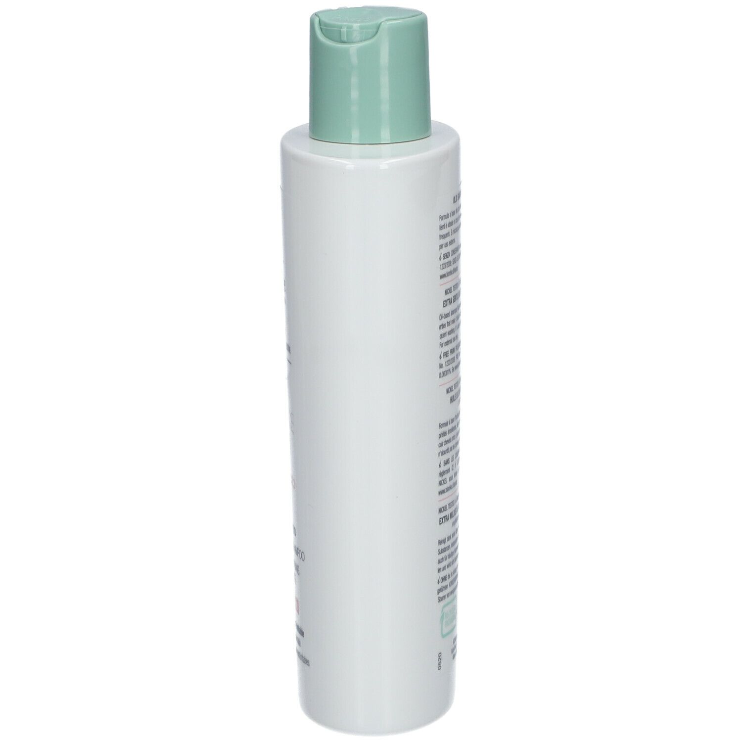 BioNike DEFENCE HAIR Shampoo-Flasche, Seitenansicht. Weiß mit grünem Deckel. Text auf der Rückseite.