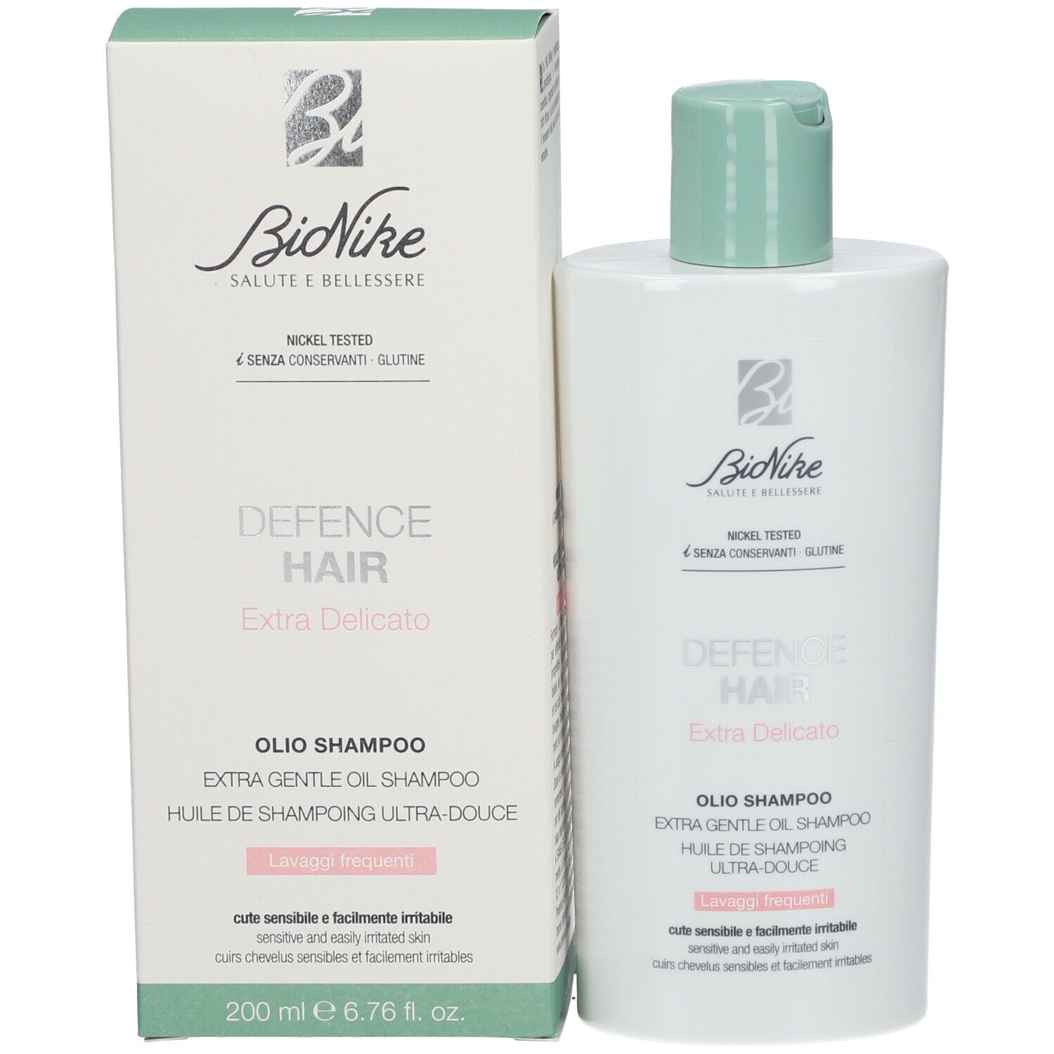BioNike DEFENCE HAIR Shampoo-Flasche und Verpackung. Weiß mit grünem Deckel. Text: Extra Delicato, Olio Shampoo.