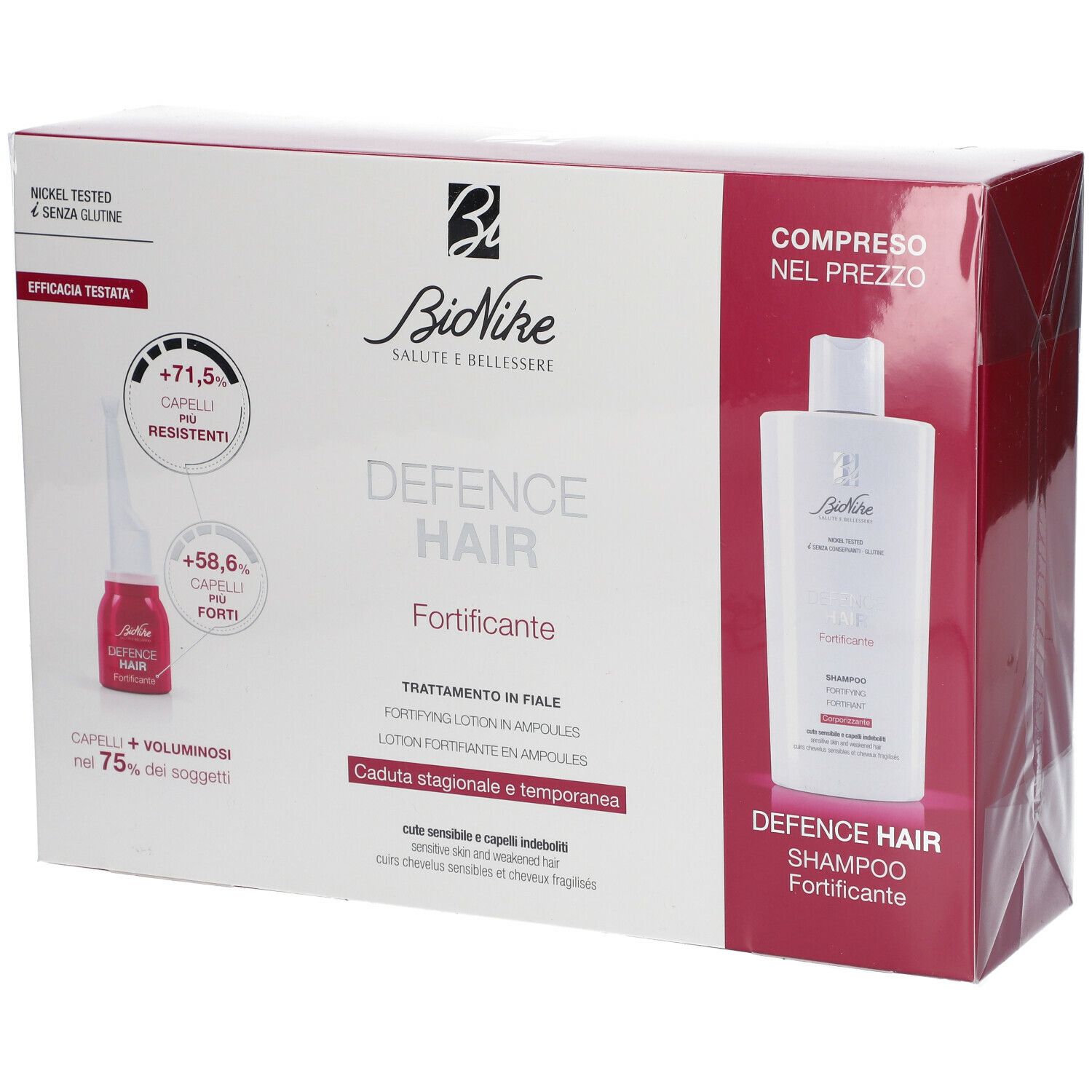 Coffret cadeau avec shampooing et ampoules. Emballage avec nom du produit, logo et texte. Testé au nickel, sans gluten.