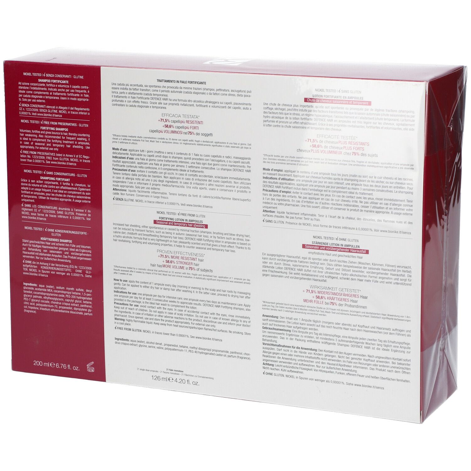 Dos du coffret cadeau avec texte en plusieurs langues. Contient des informations sur les ingrédients et l'utilisation.