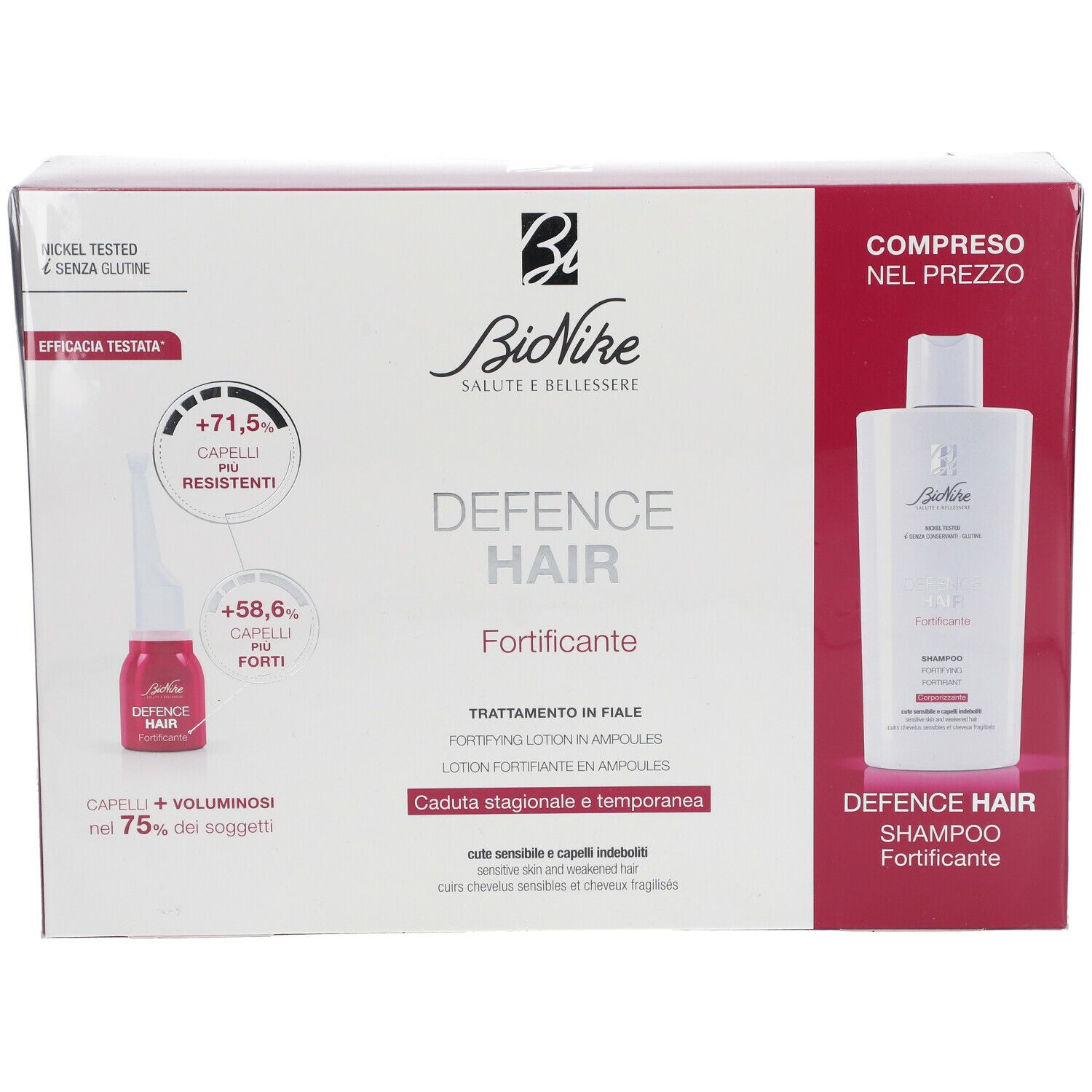 Coffret cadeau avec shampooing et ampoules. Emballage avec nom du produit, logo et texte. Testé au nickel, sans gluten.
