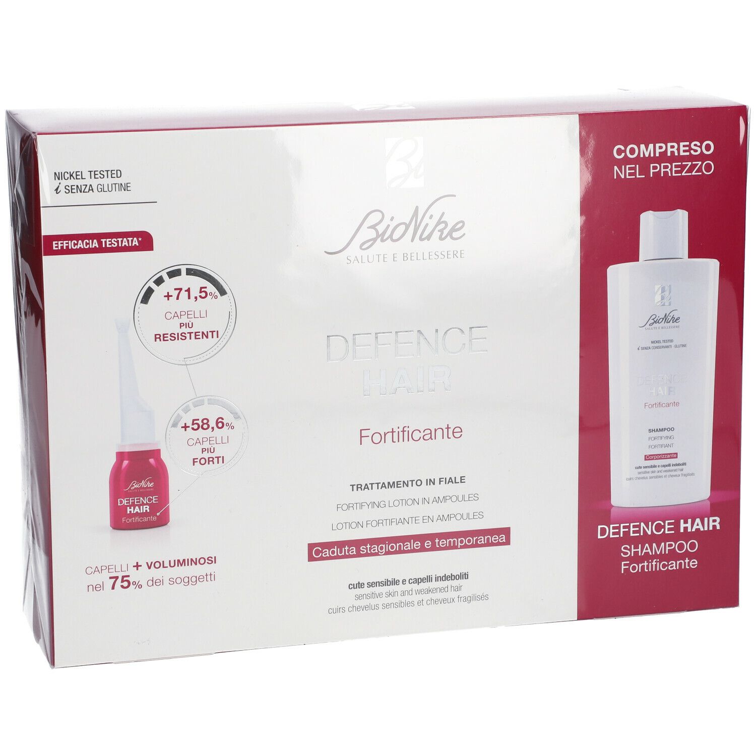 Coffret cadeau avec shampooing et ampoules. Emballage avec nom du produit, logo et texte. Testé au nickel, sans gluten.