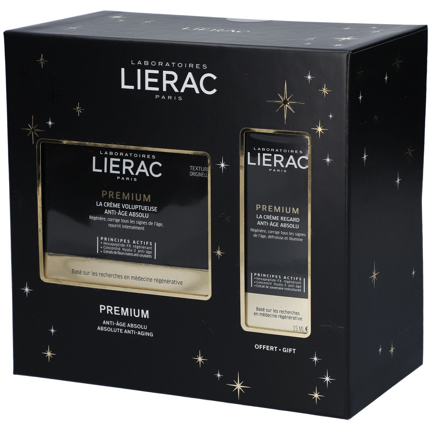 Schwarze Geschenkbox mit Sternenmuster. Enthält zwei Produkte. Aufschrift: LIERAC, PREMIUM, Anti-Age Absolu. Offert/Gift.