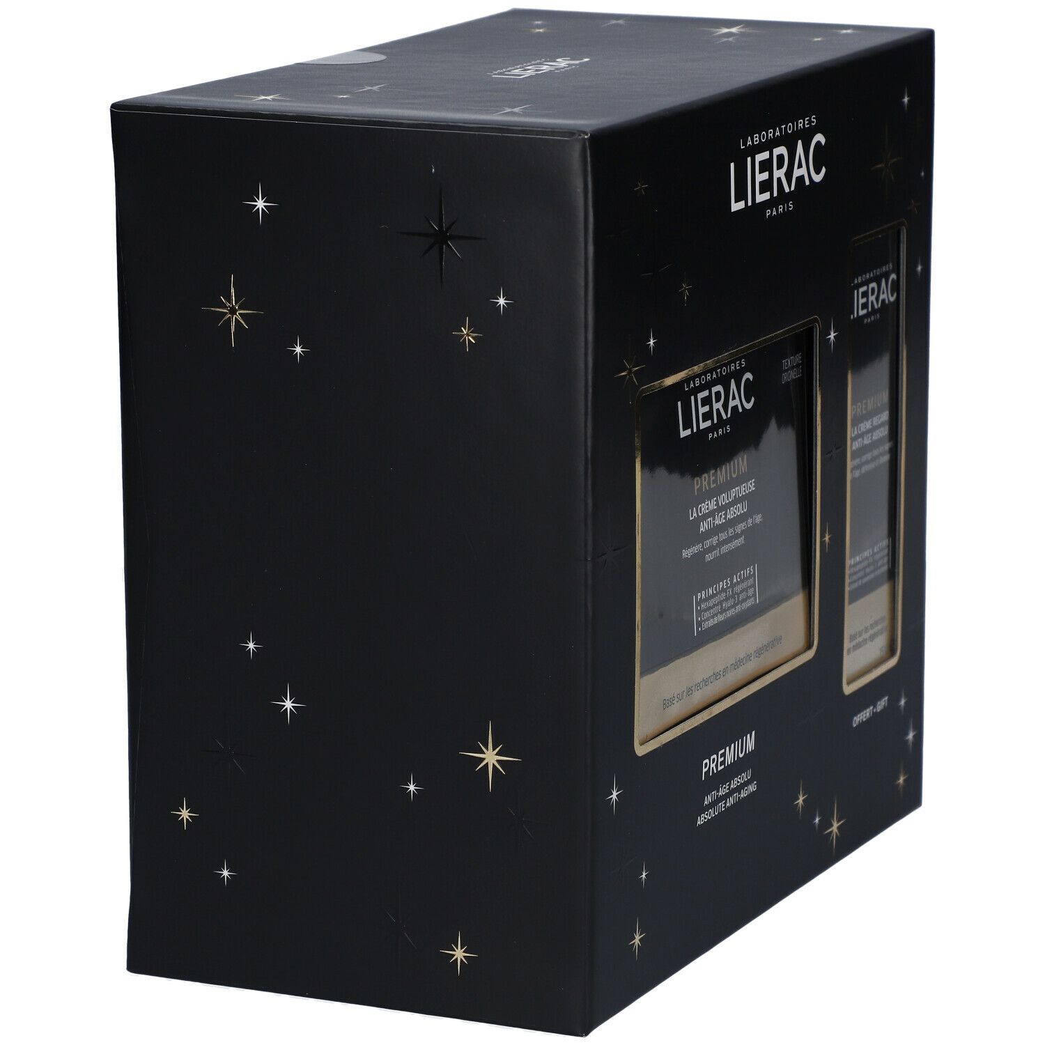 Schwarze Geschenkbox mit Sternenmuster. Enthält zwei Produkte. Aufschrift: LIERAC, PREMIUM, Anti-Age Absolu. Offert/Gift.
