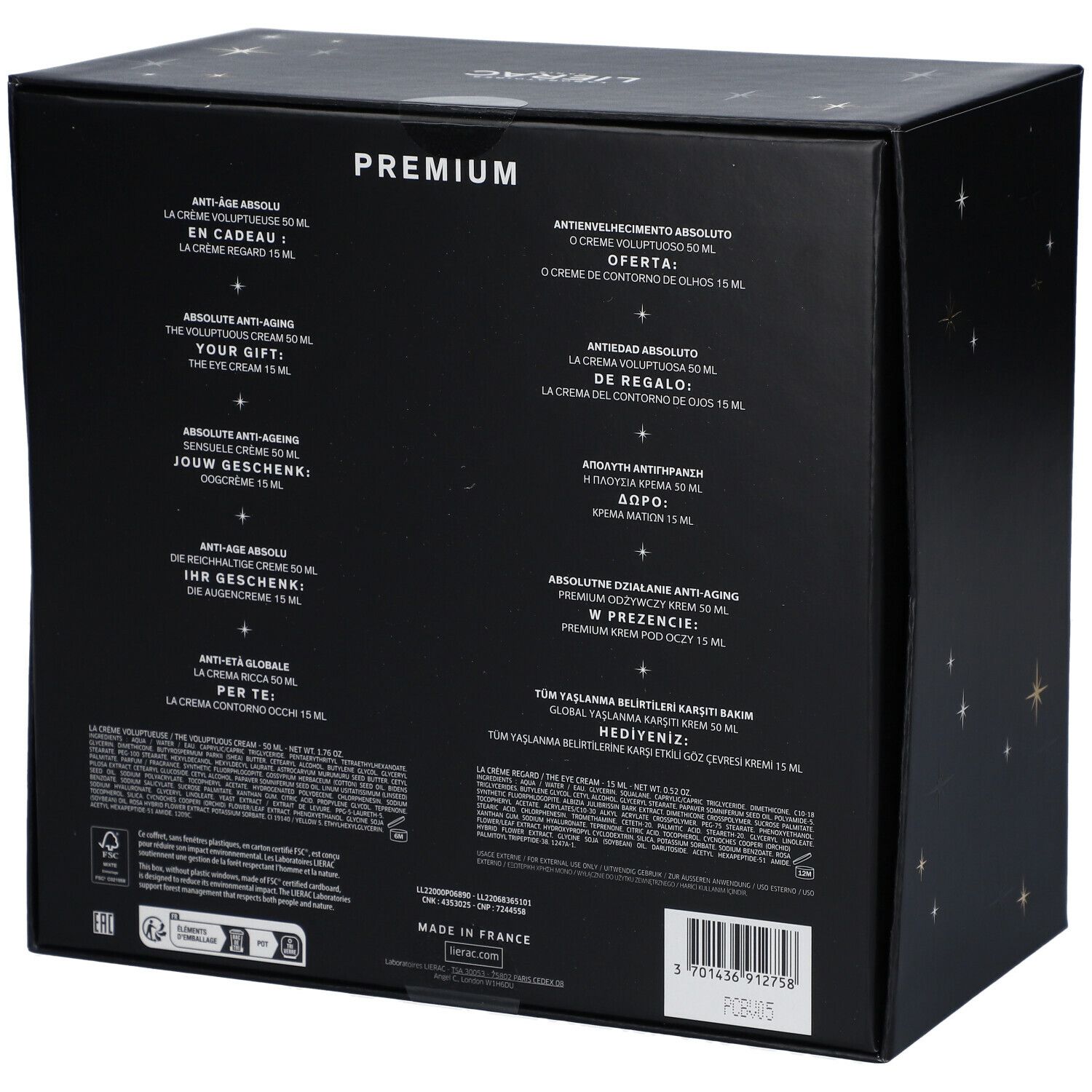 Rückseite der Geschenkbox. Schwarzer Hintergrund mit Text in mehreren Sprachen. Aufschrift: PREMIUM, Anti-Age Absolu.