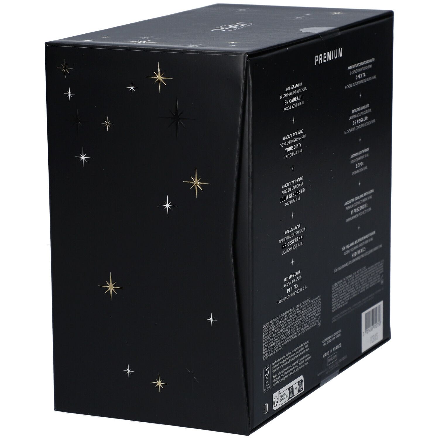 Seitenansicht der Geschenkbox. Schwarzer Hintergrund mit Sternenmuster. Aufschrift: PREMIUM.