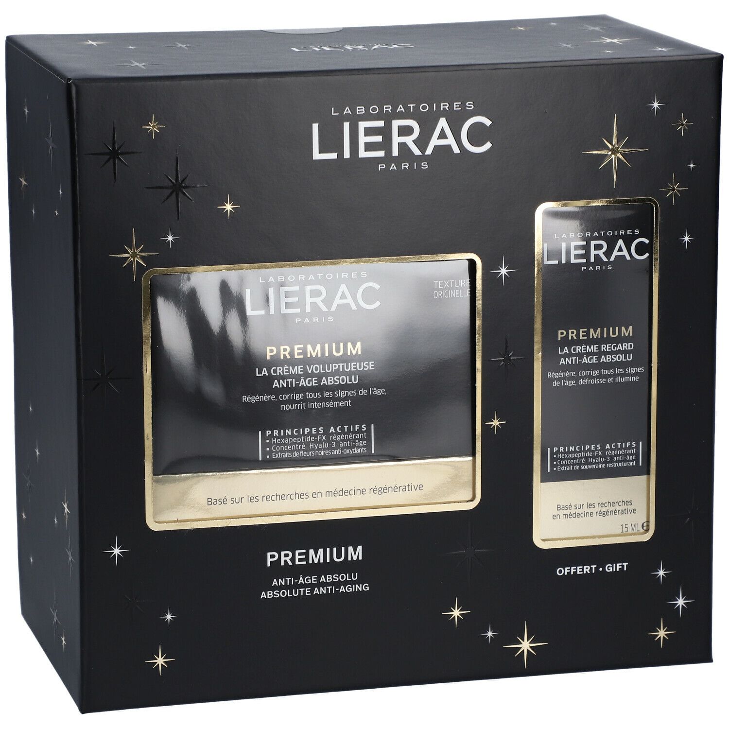 Geschenkset mit zwei Produkten. Schwarze Verpackung mit goldfarbenen Akzenten. Aufschrift: LIERAC, PREMIUM, Anti-Age Absolu.