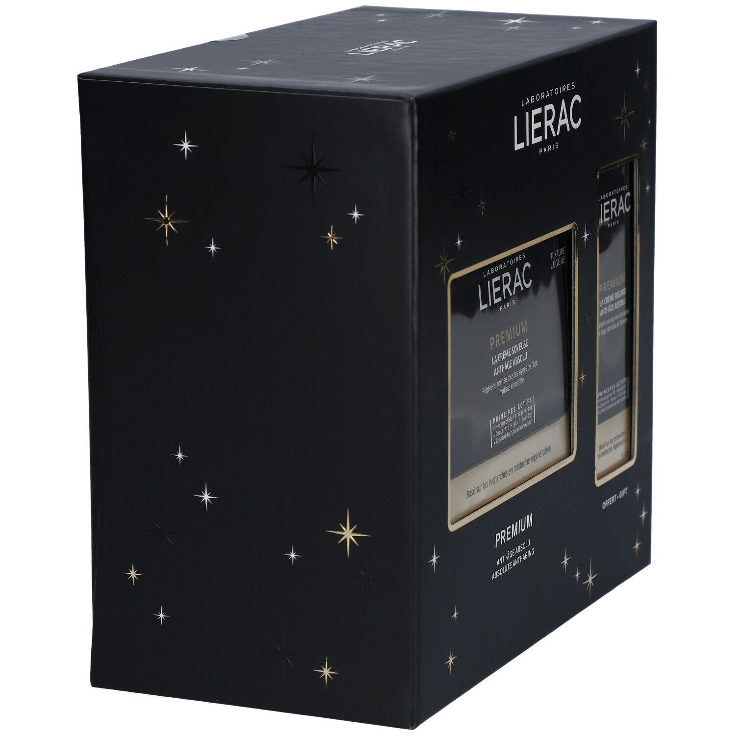 Coffret cadeau noir avec motifs étoiles. Fenêtres pour produits. Marque Lierac. Produit Premium.