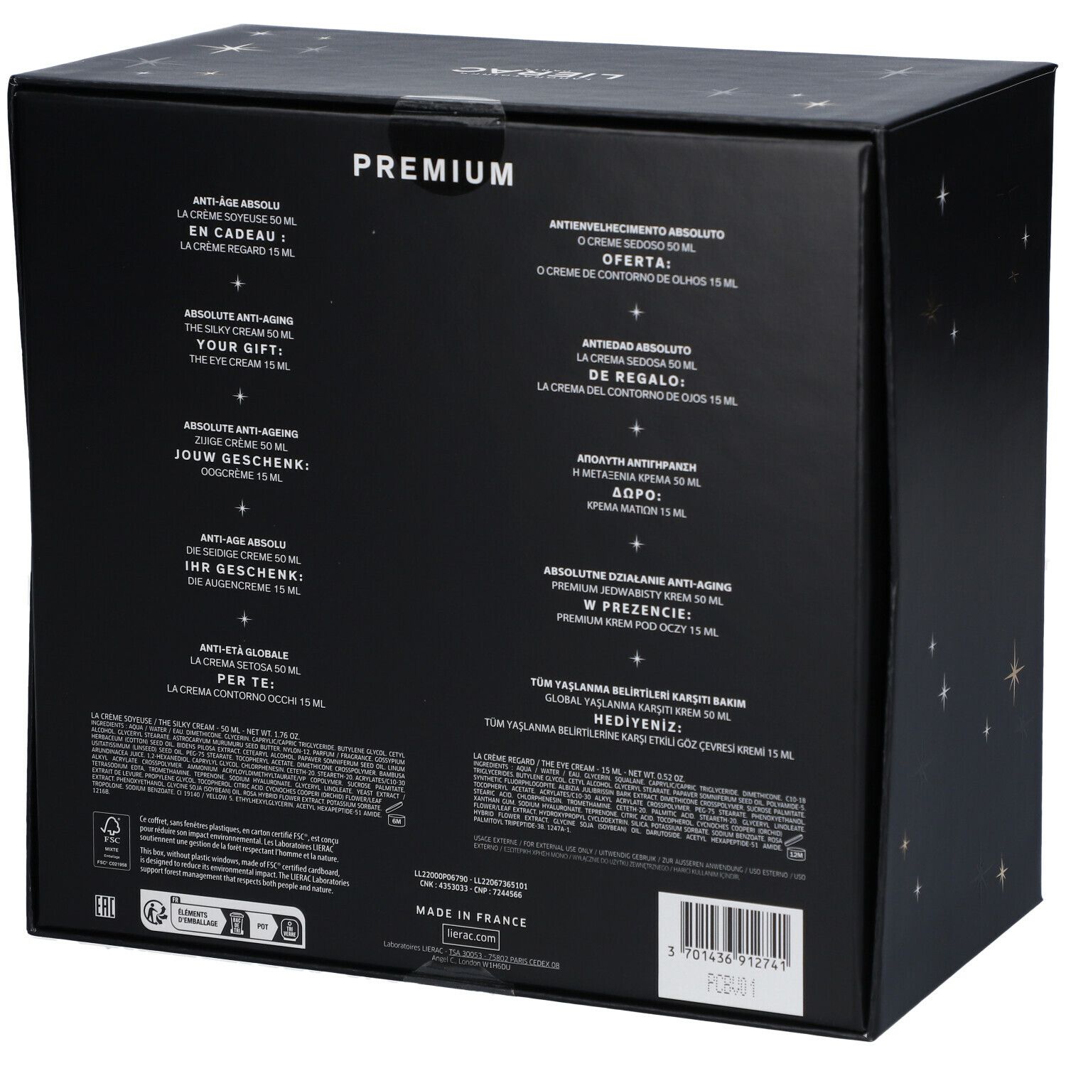 Dos du coffret cadeau. Texte multilingue. Contient informations produit et ingrédients.