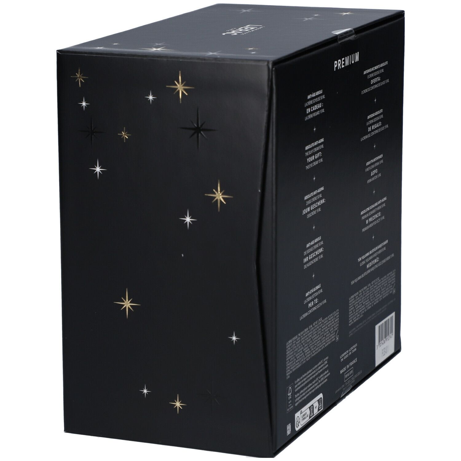 Coffret cadeau noir, côté avec motif étoiles. Texte: Premium. Contient informations produit.