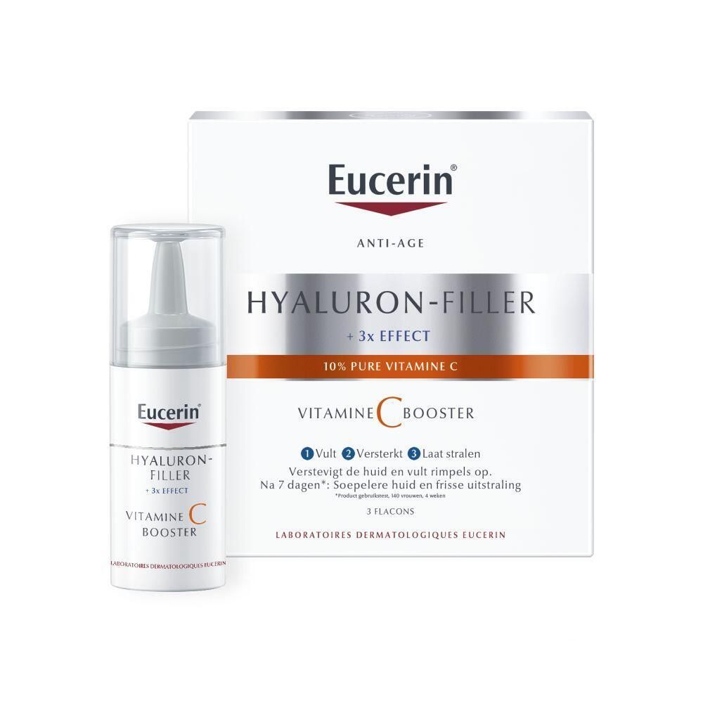 Eucerin Hyaluron-Filler + 3x Effect Vitamin C Booster. Fles en verpakking. Tekst: Anti-Age, 10% pure Vitamine C.