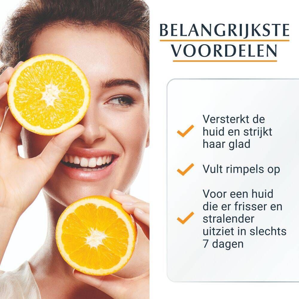 Vrouw met sinaasappels. Tekst: Voordelen: Verstevigt de huid, maakt rimpels glad, frissere en stralende huid in 7 dagen.