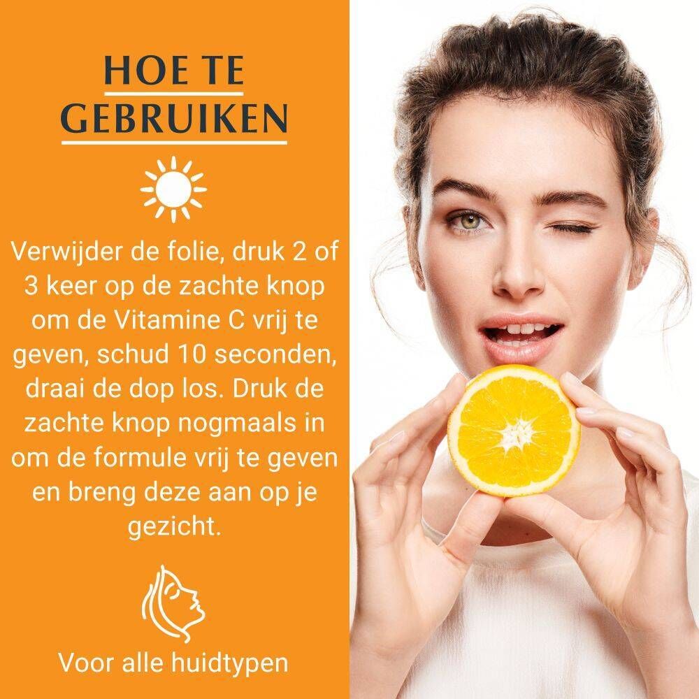 Vrouw met sinaasappel. Tekst: Gebruiksaanwijzing: Folie verwijderen, 2-3x drukken, 10 sec wachten, dop losdraaien. Aanbrengen.