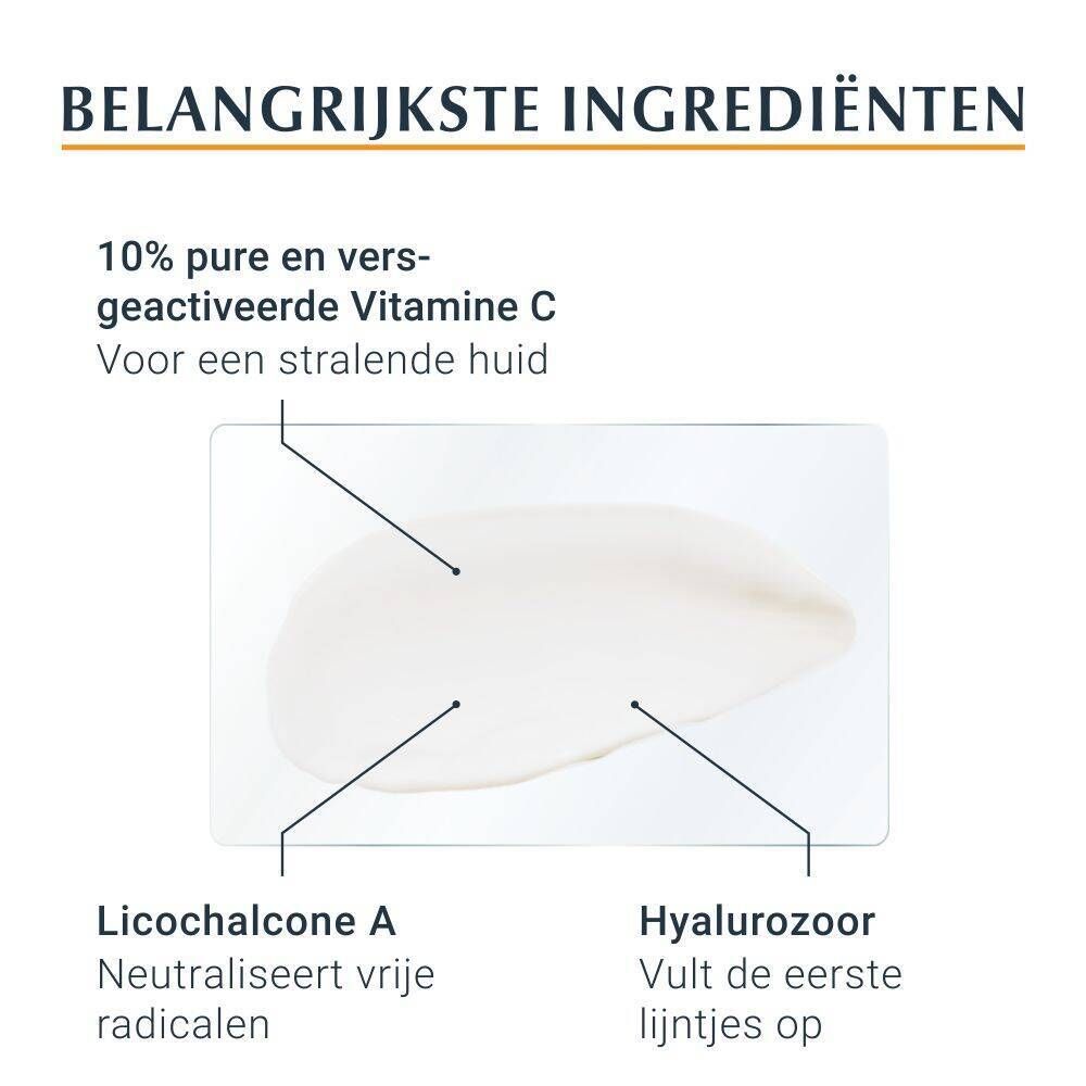 Productmonster. Tekst: 10% pure Vitamine C, Hyaluronzuur, Licochalcone A. Voor een stralende huid.