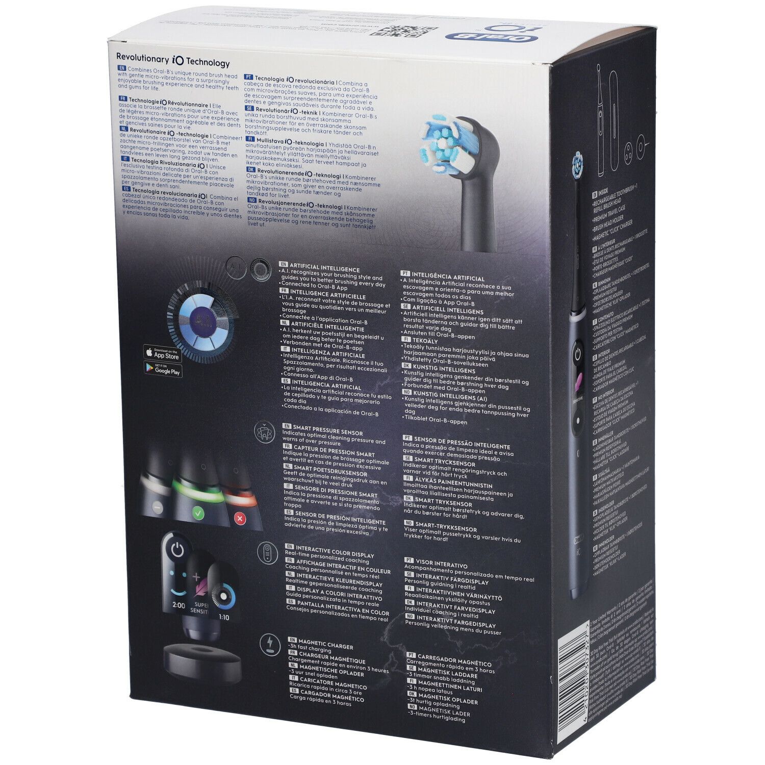 Rückseite der ORAL-B iO™ Serie 8 Schwarz Verpackung. Enthält Informationen zu Technologie, Funktionen und Zubehör.