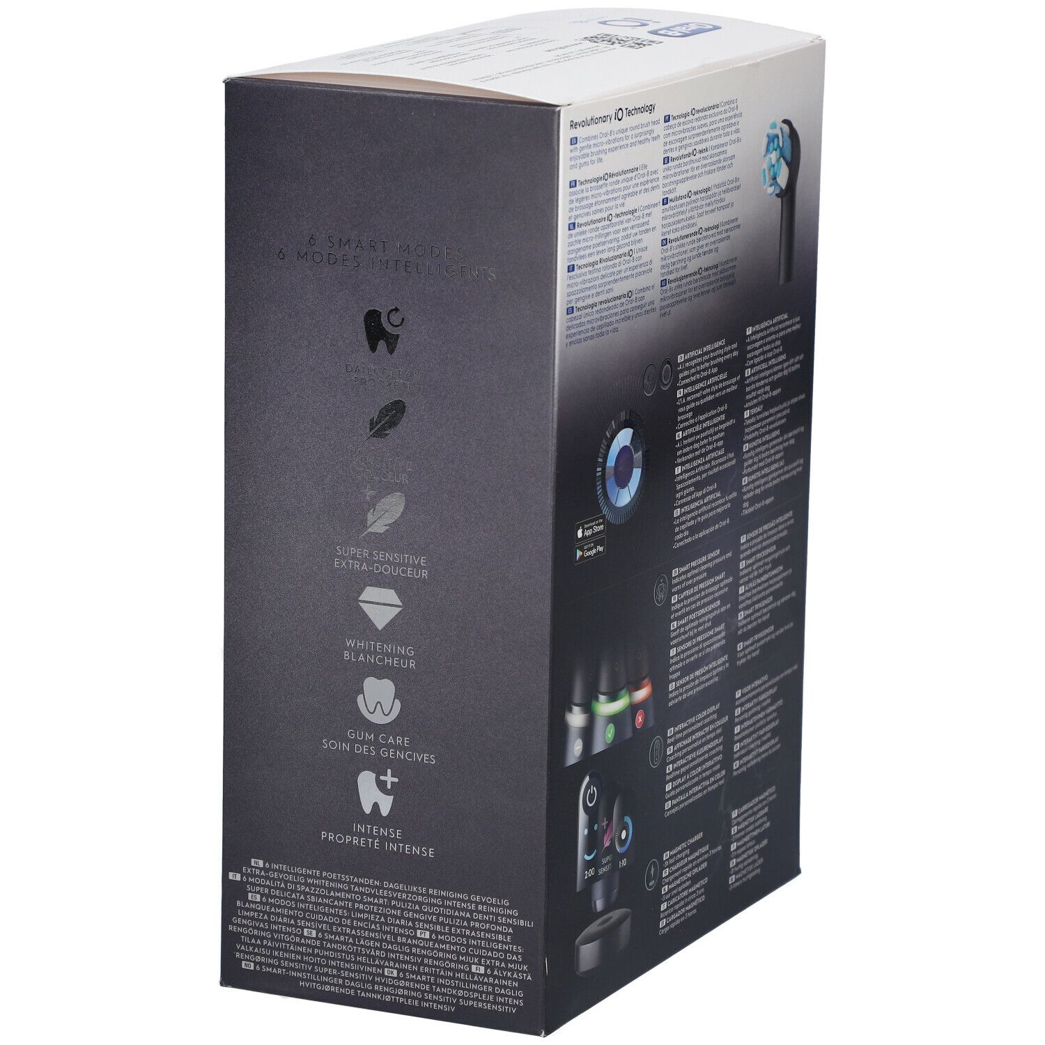 Seitenansicht der ORAL-B iO™ Serie 8 Schwarz Verpackung. Zeigt Produktmerkmale und Icons.