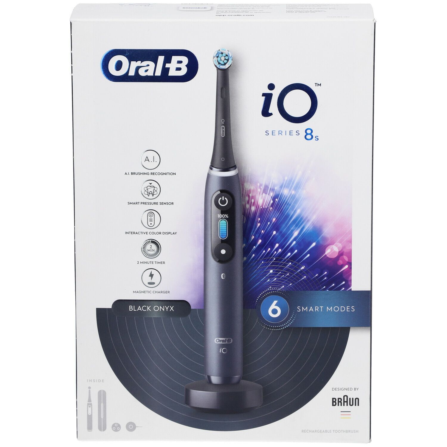 ORAL-B iO™ Serie 8 Schwarz, elektrische Zahnbürste in der Verpackung. Mit Ladestation und Zubehör. Sechs Putzmodi.
