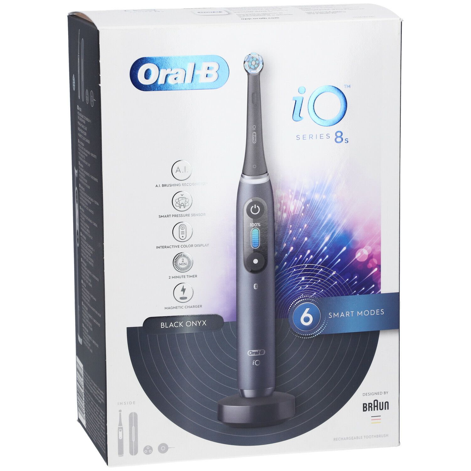 ORAL-B iO™ Serie 8 Schwarz, elektrische Zahnbürste in der Verpackung. Mit Ladestation und Zubehör. Sechs Putzmodi.