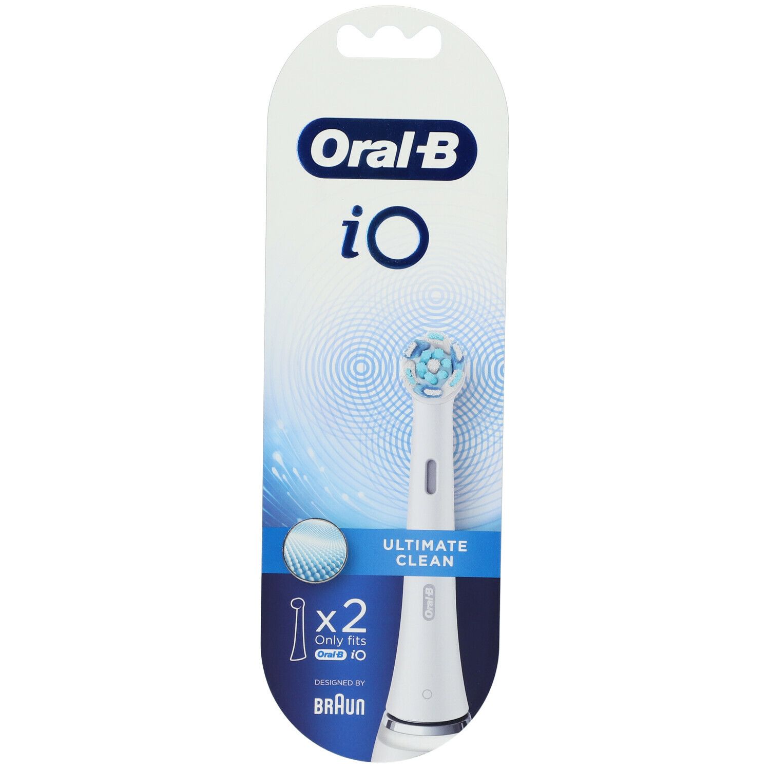 Oral-B iO Ultimate Clean. Deux têtes de brosse blanches avec des poils bleus, emballage blister. Pour iO uniquement.