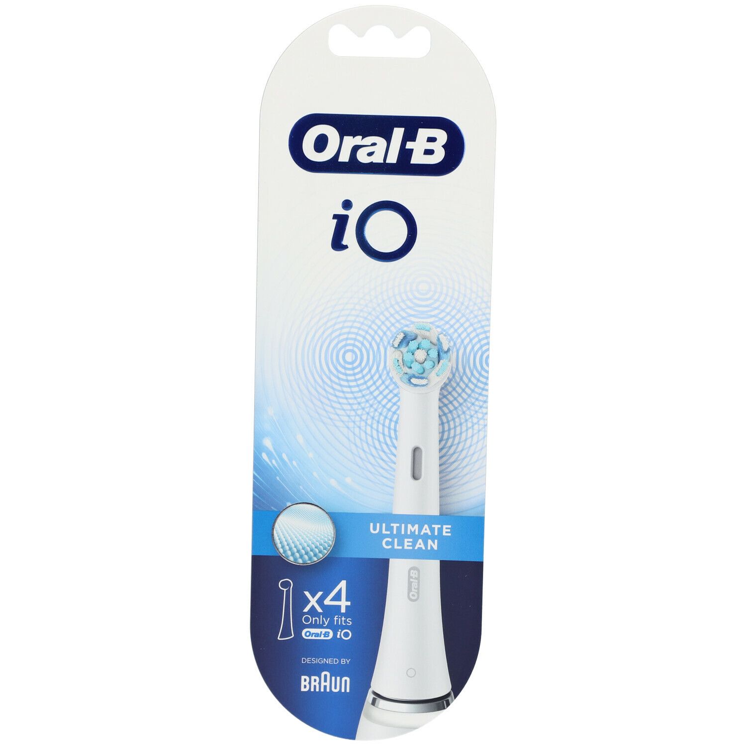 Oral-B iO Ultimate Clean. Witte opzetborstel met blauwe borstelharen. x4 verpakking. Alleen voor iO. Van Braun.