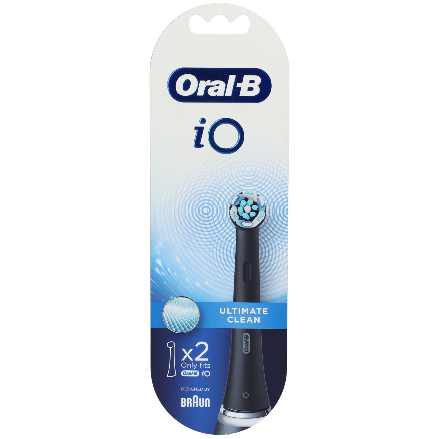 Zwei schwarze Bürstenköpfe in Blisterverpackung. 'Oral-B iO Ultimate Clean' und 'x2' sind sichtbar.