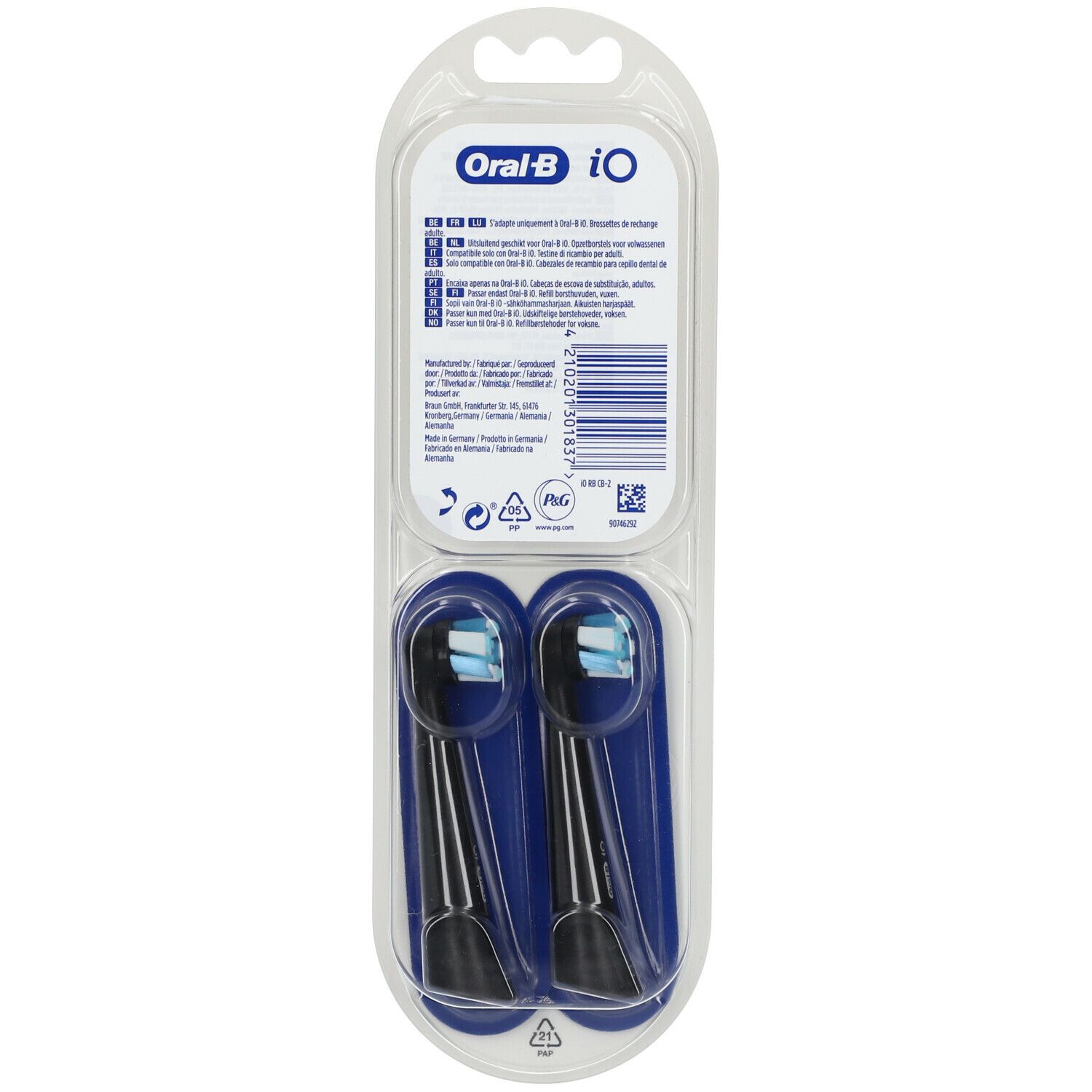 Rückseite der Blisterverpackung mit zwei schwarzen Bürstenköpfen. Text und Logos sind sichtbar.