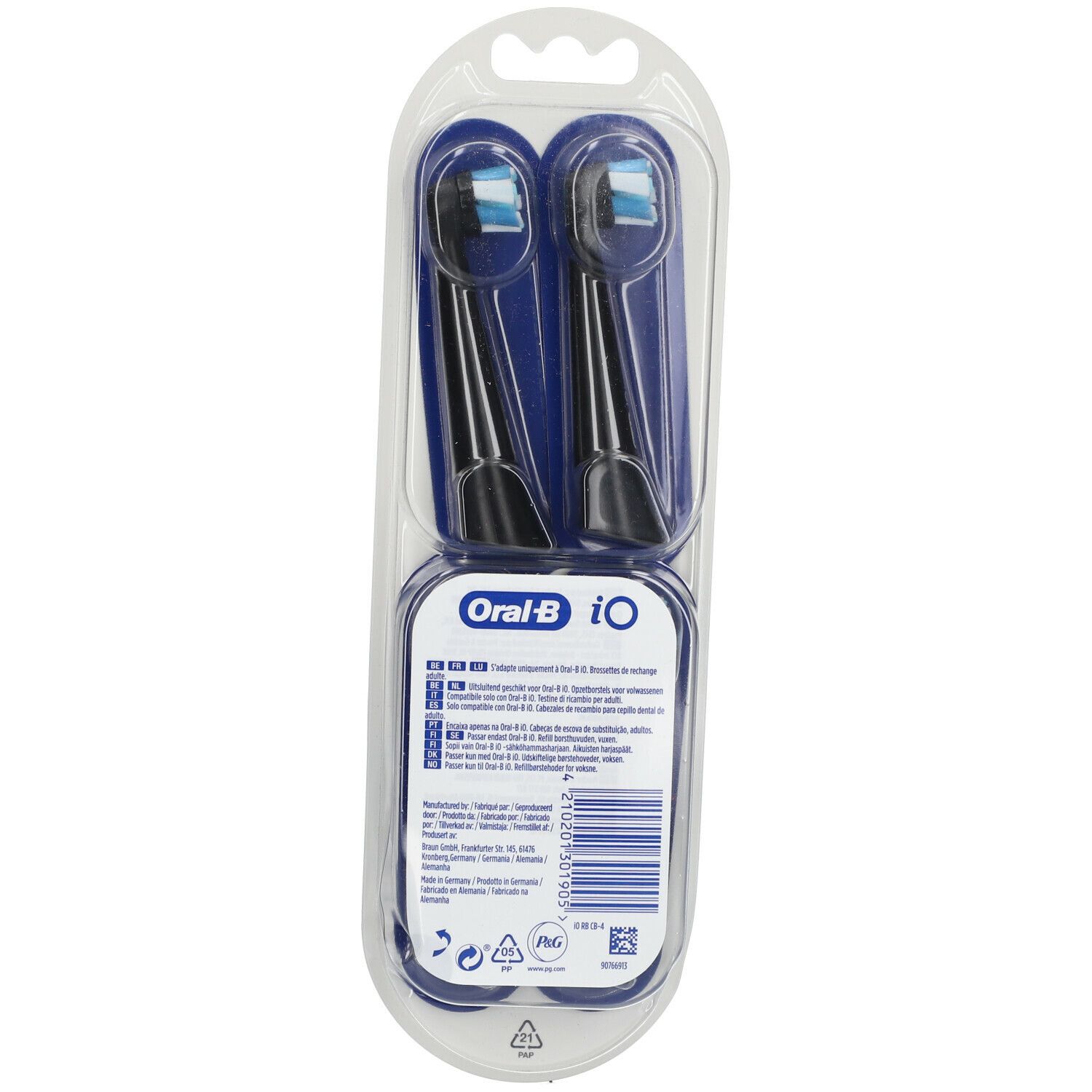 Achterkant van de verpakking met twee zwarte Oral-B iO Ultimate Clean opzetborstels. Tekst en barcode.