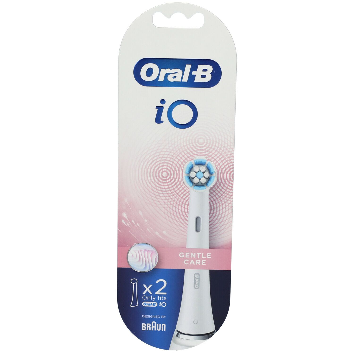 Oral-B iO Gentle Care opzetborstels. Twee stuks in blisterverpakking. Blauwe borstelharen, witte steel. Alleen voor iO.
