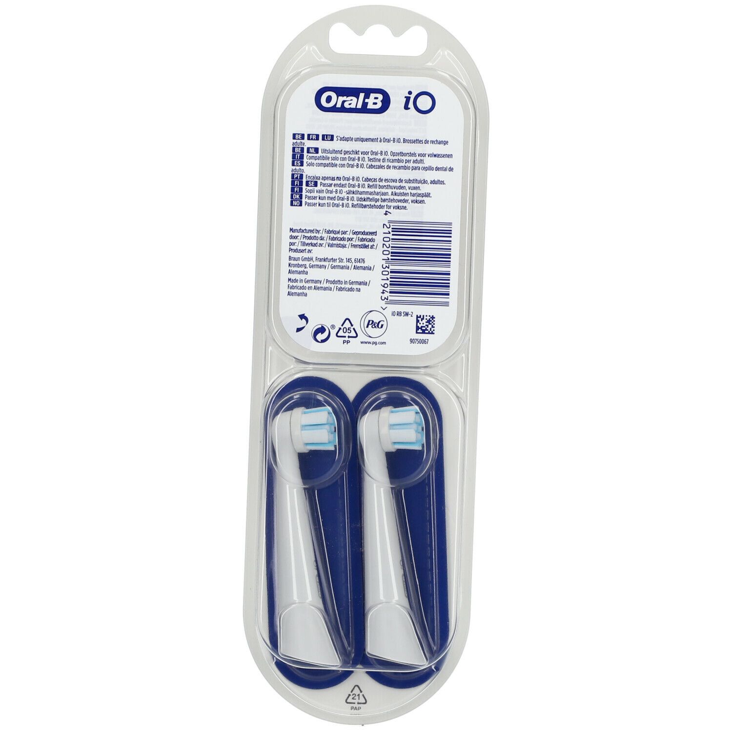 Achterkant van de verpakking van Oral-B iO Gentle Care opzetborstels. Twee borstelkoppen in blister. Productinformatie.