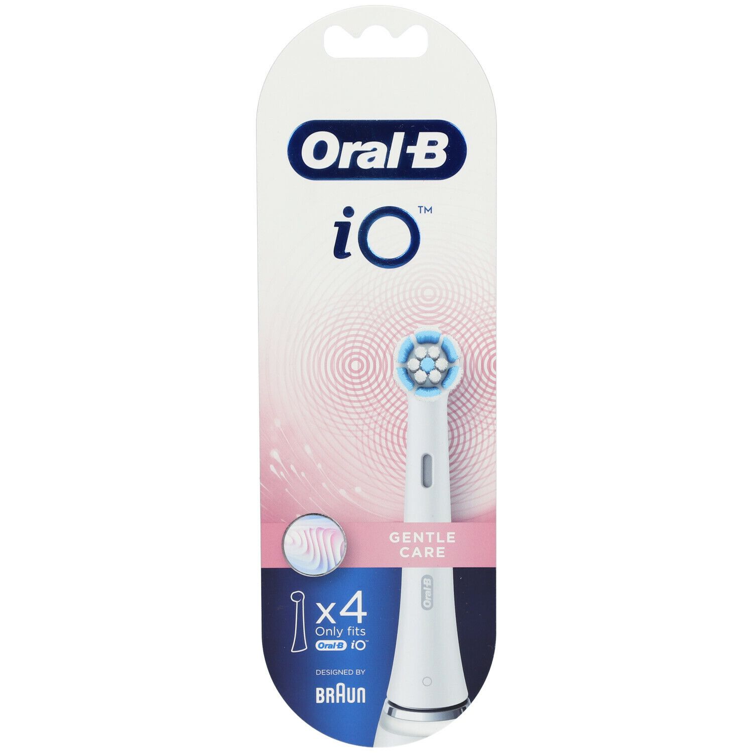 Oral-B iO Gentle Care opzetborstels in verpakking. Vier stuks. Witte steel, blauwe borstelkop. Roze achtergrond.