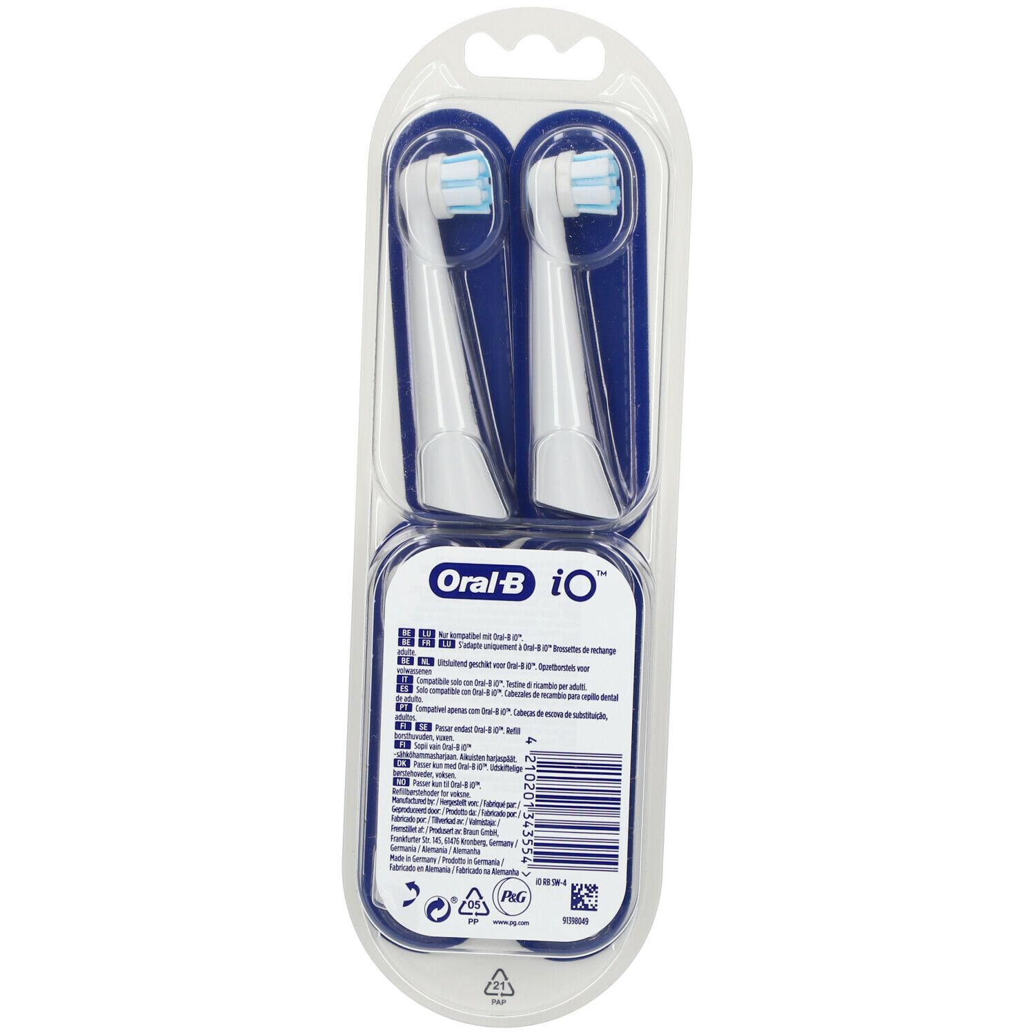 Achterkant van de Oral-B iO Gentle Care opzetborstelverpakking. Twee borstels. Witte handvatten, blauwe borstelharen. Tekst en logo's.