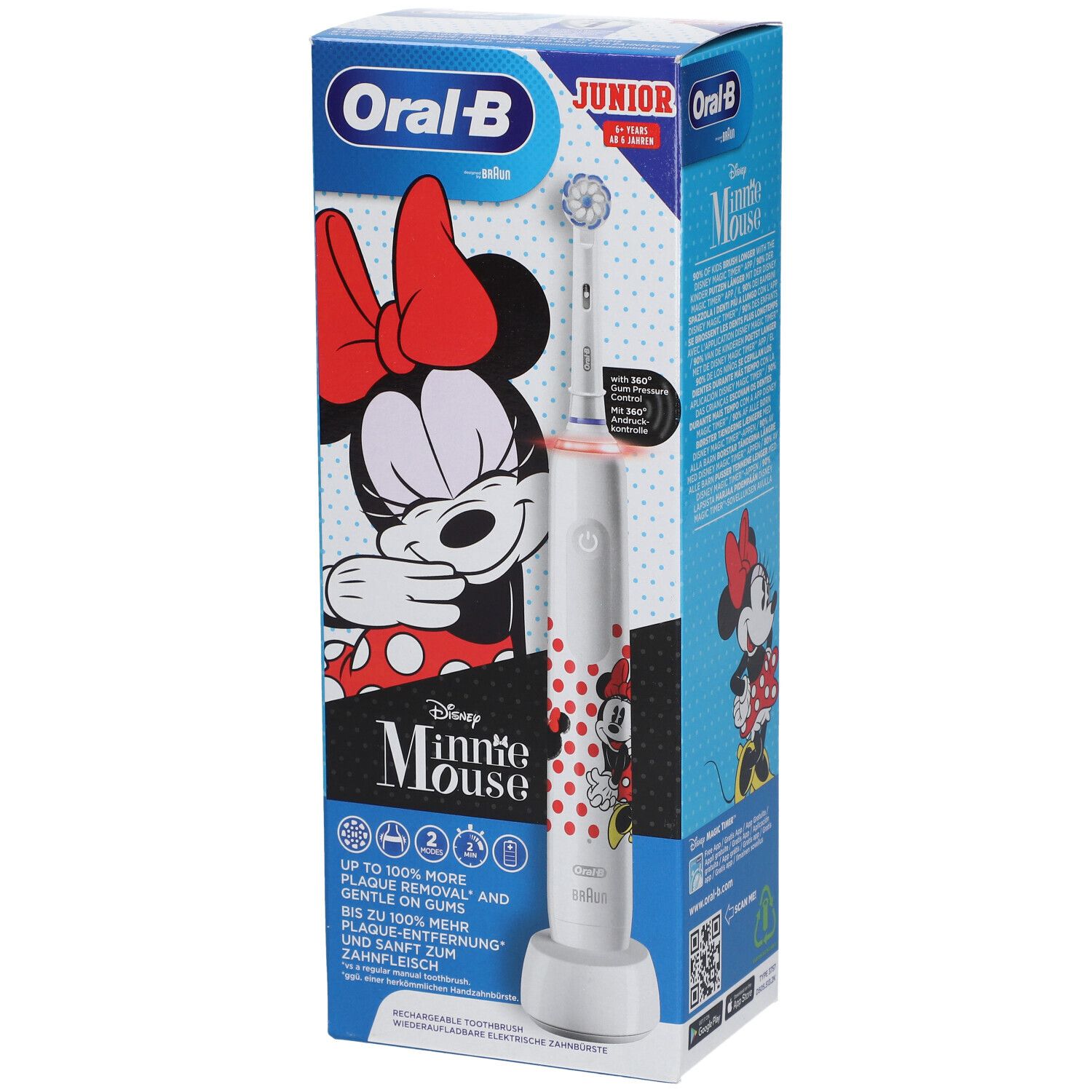 Elektrische tandenborstel Minnie Mouse in verpakking. Oral-B Junior, wit, met oplaadstation. Opschriften: Disney, Oral-B.