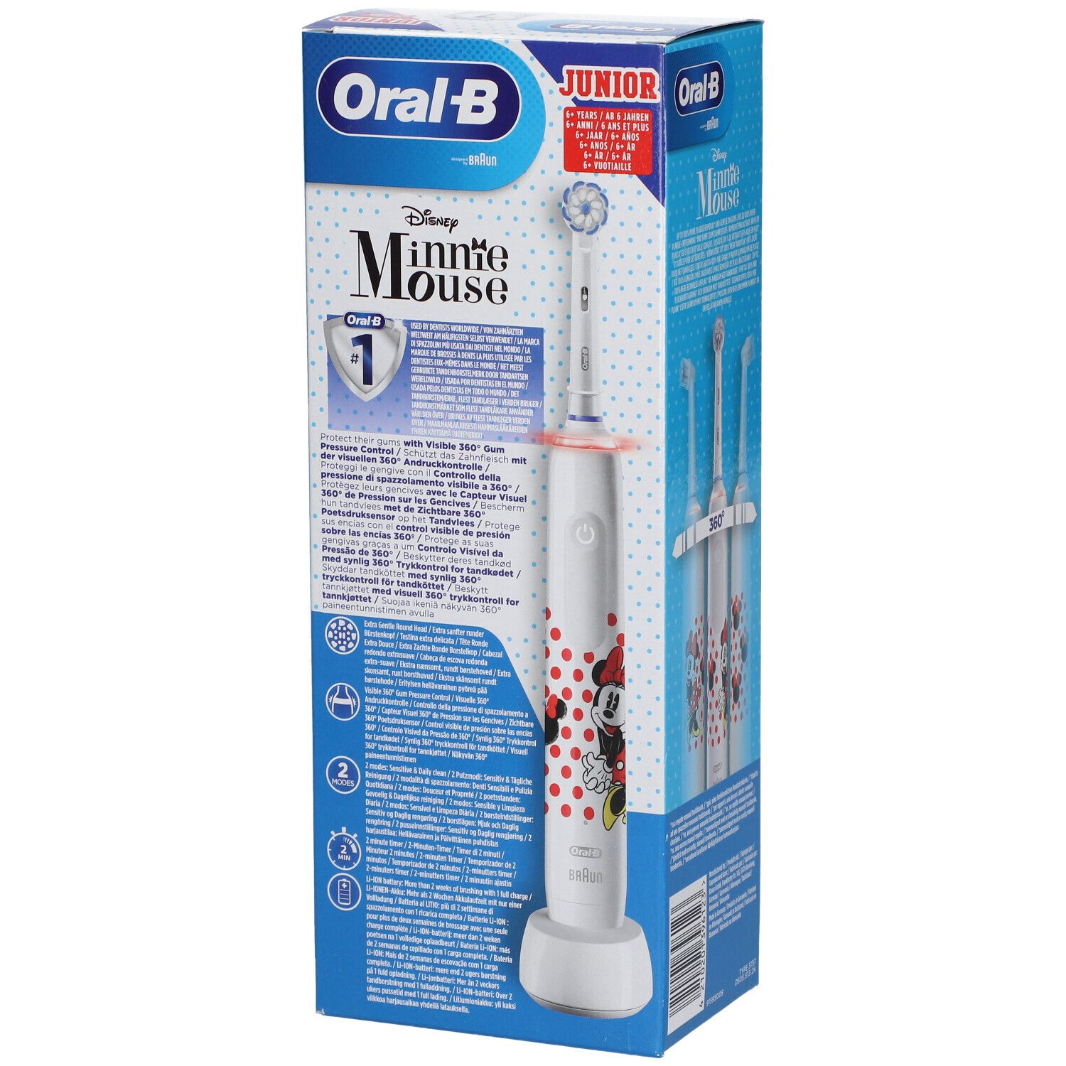 Achterkant van de verpakking van de elektrische tandenborstel. Oral-B Junior, Minnie Mouse-ontwerp. Tekst en illustraties. Bevat een tandenborstel.