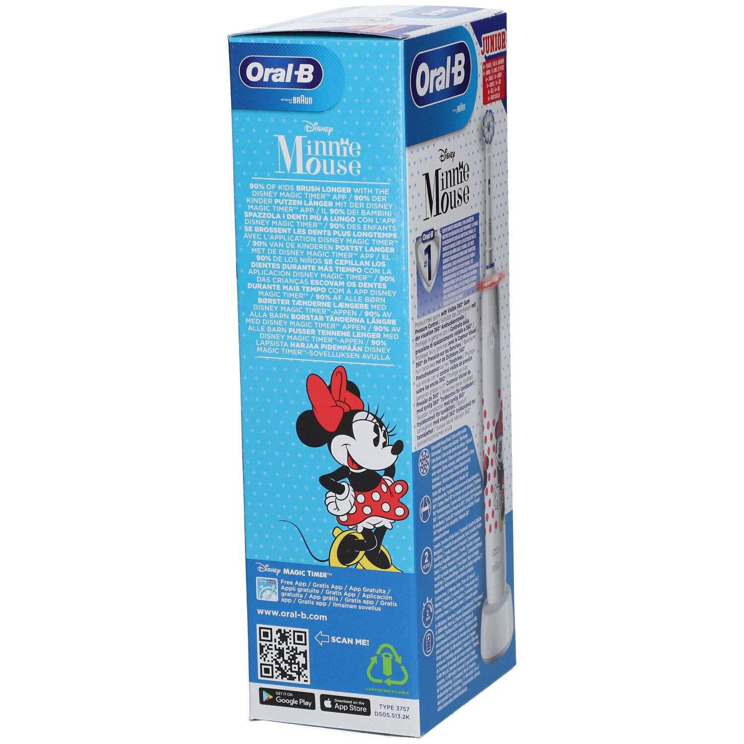 Verpakking van de elektrische tandenborstel. Oral-B Junior, Minnie Mouse-ontwerp. Blauwe verpakking met Minnie Mouse-illustratie en tekst.