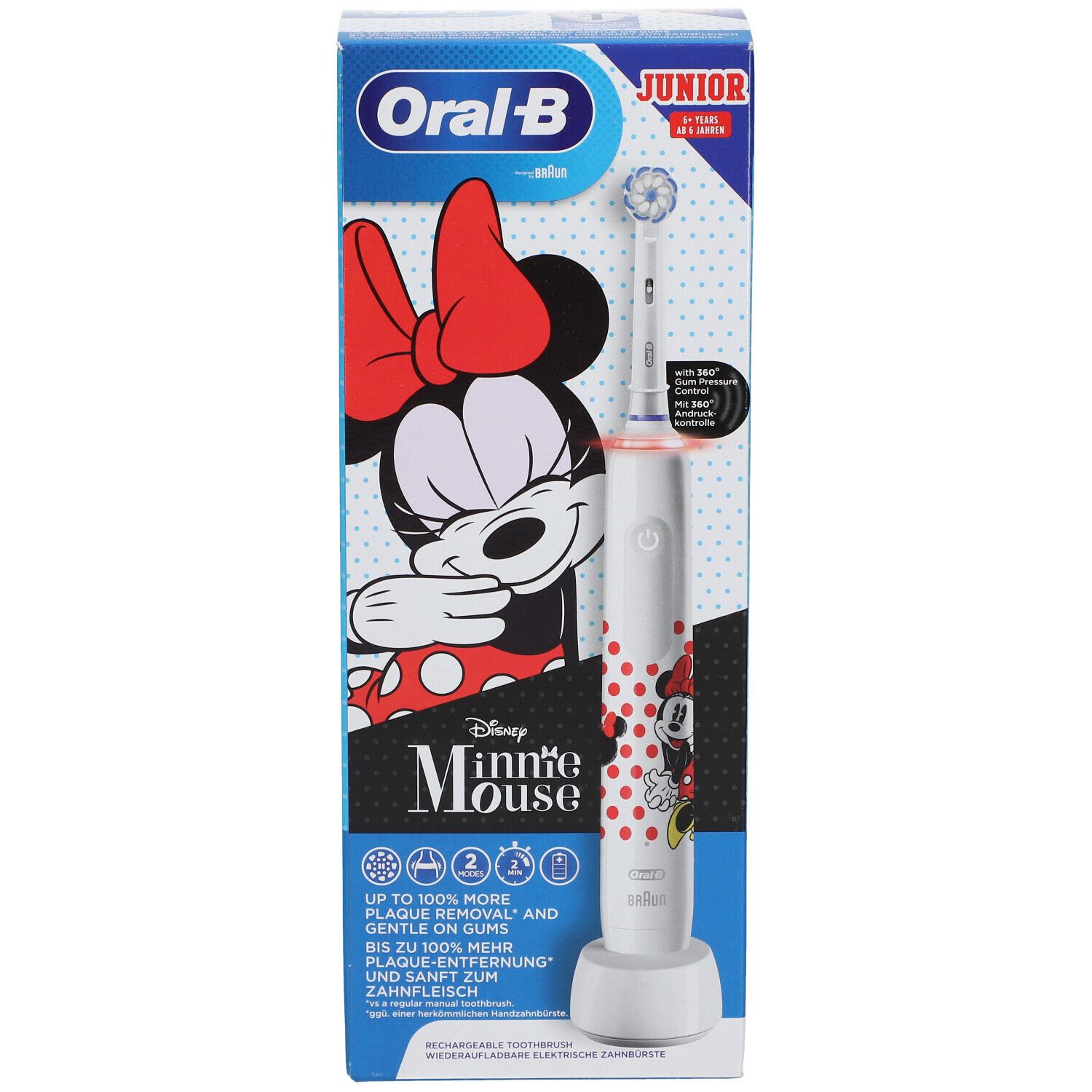 Elektrische tandenborstel Minnie Mouse in verpakking. Oral-B Junior, wit, met oplaadstation. Opschriften: Disney, Oral-B.
